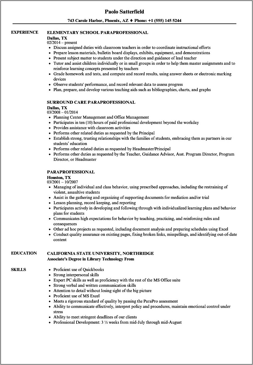 Resume Objective For Paraprofessional Position