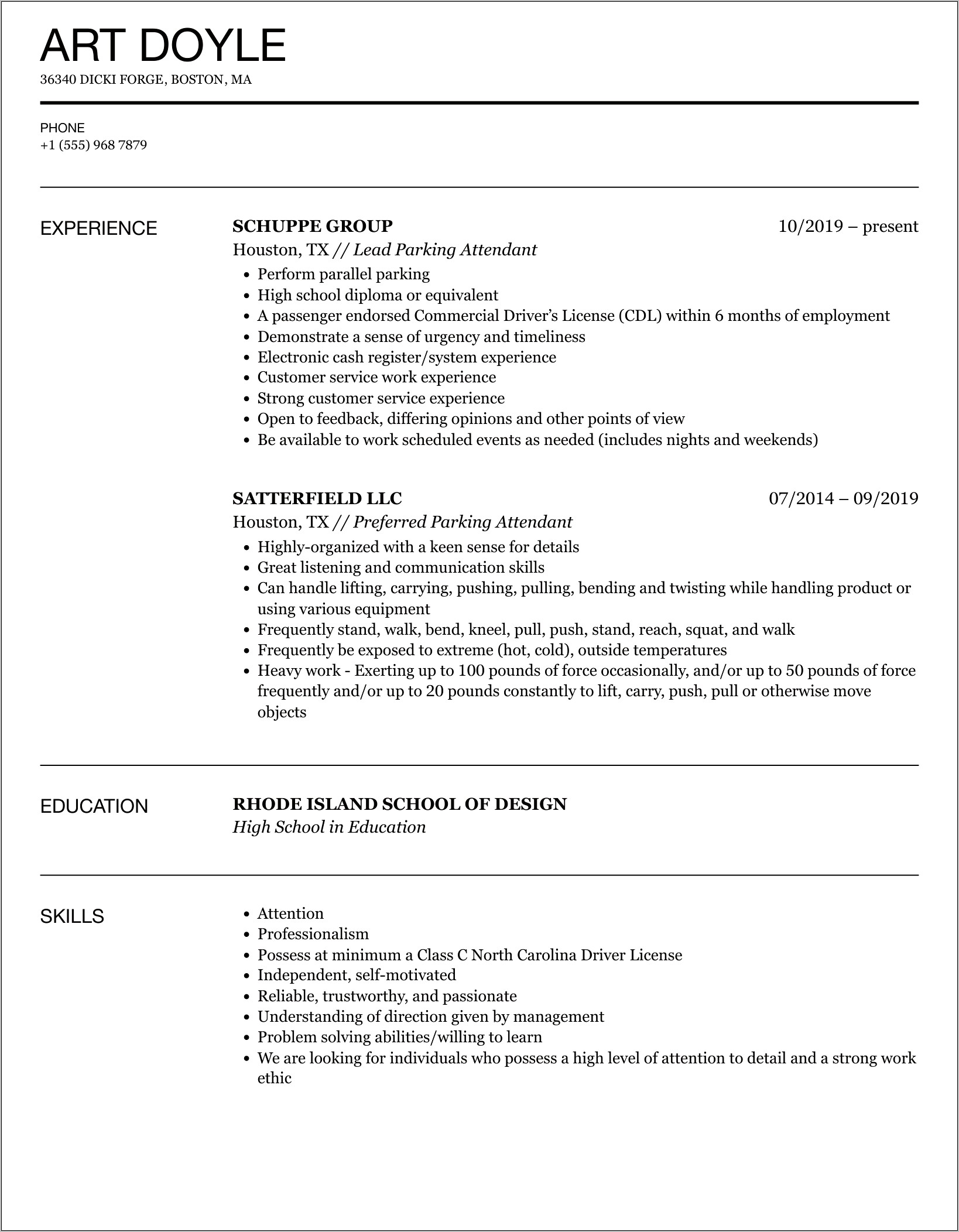 Resume Objective For Parking Attendant