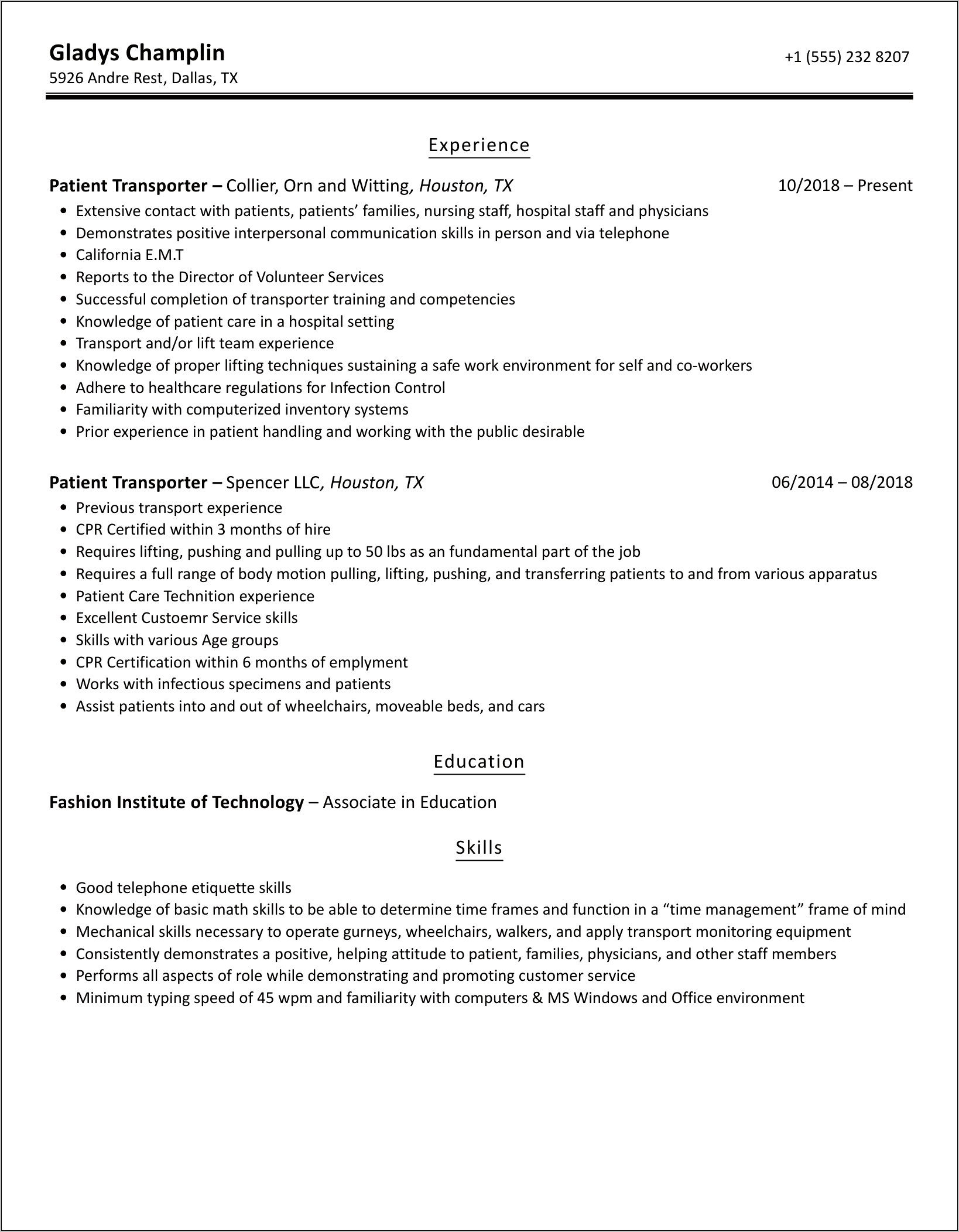 Resume Objective For Patient Transport