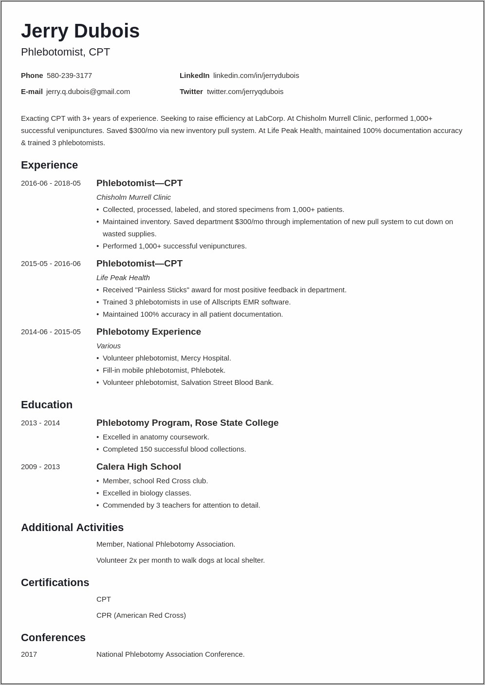 Resume Objective For Phlebotomy Technician