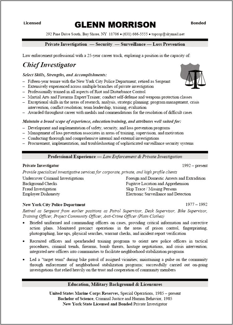Resume Objective For Private Investigator