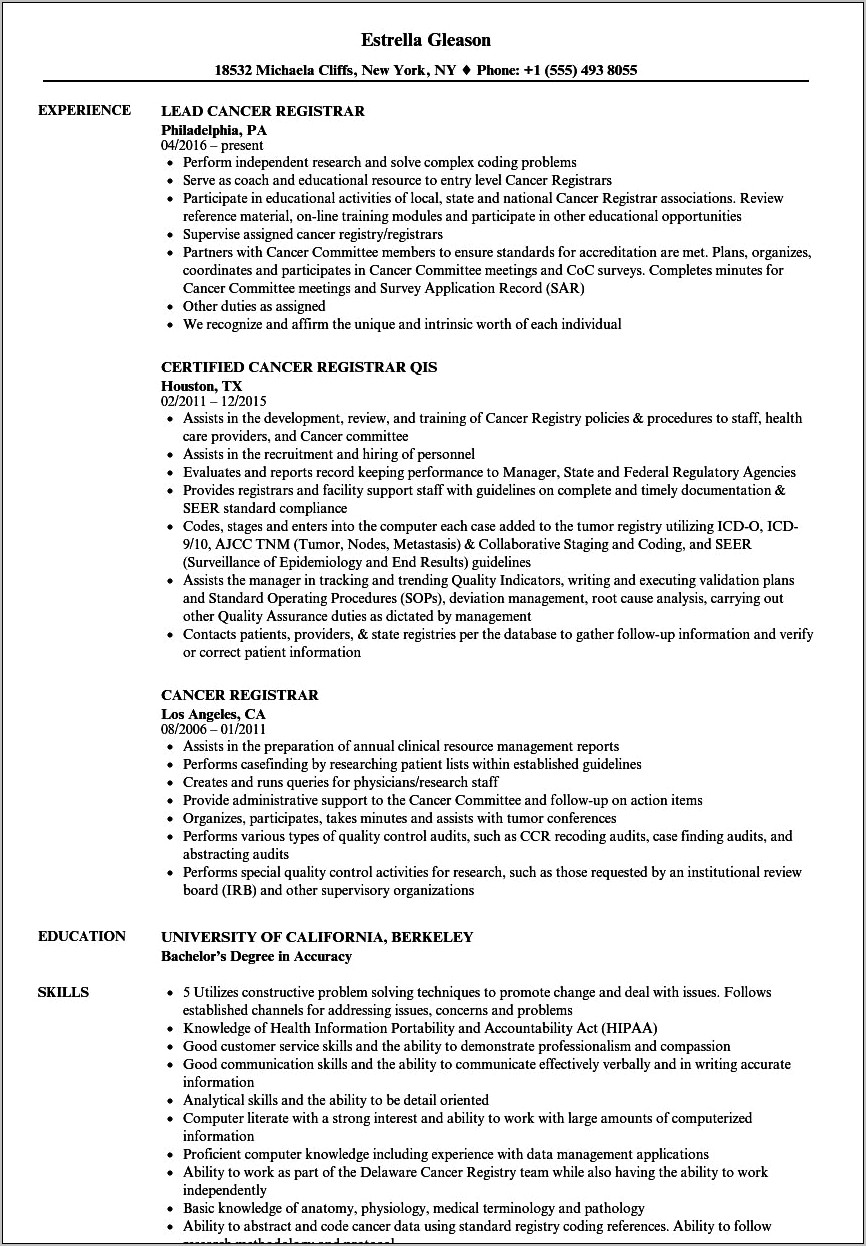 Resume Objective For Registrar Position