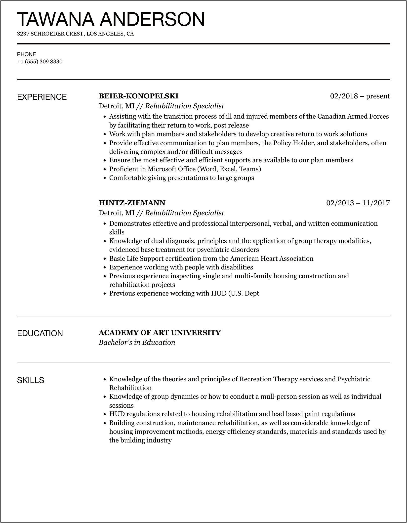 Resume Objective For Rehabilitation Manager