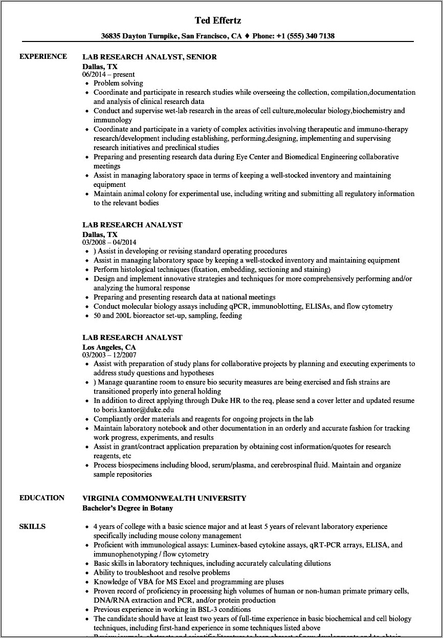 Resume Objective For Research Lab