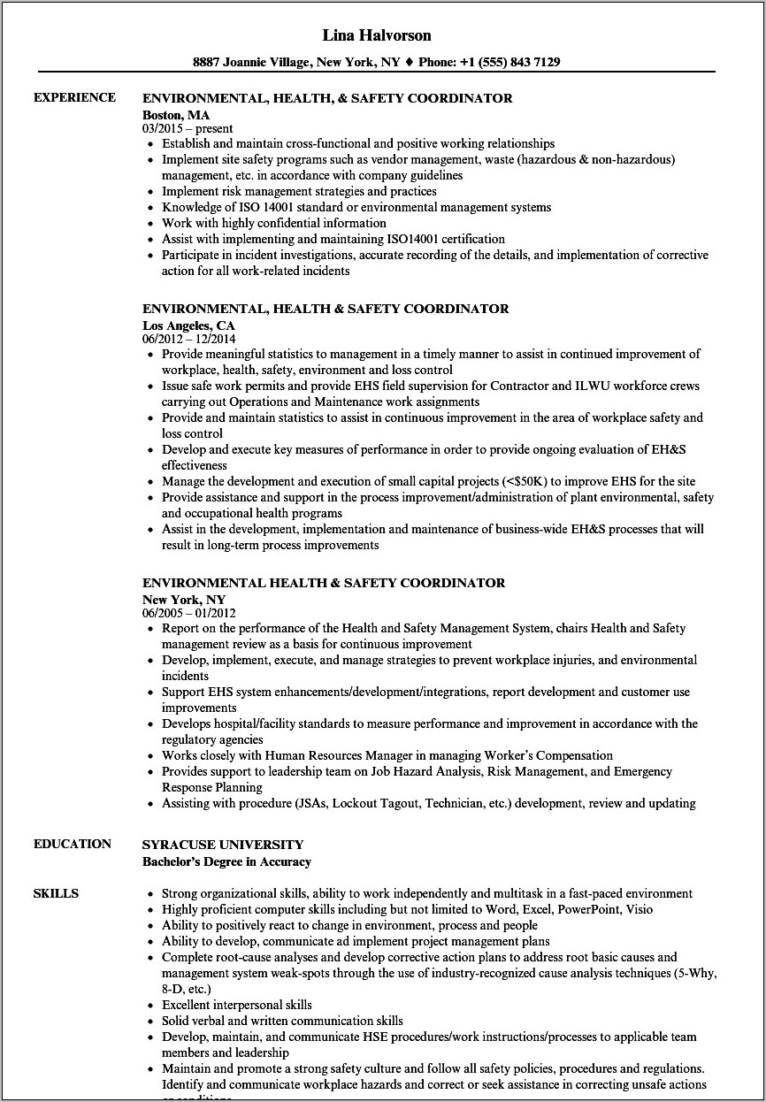 Resume Objective For Safety Coordinator