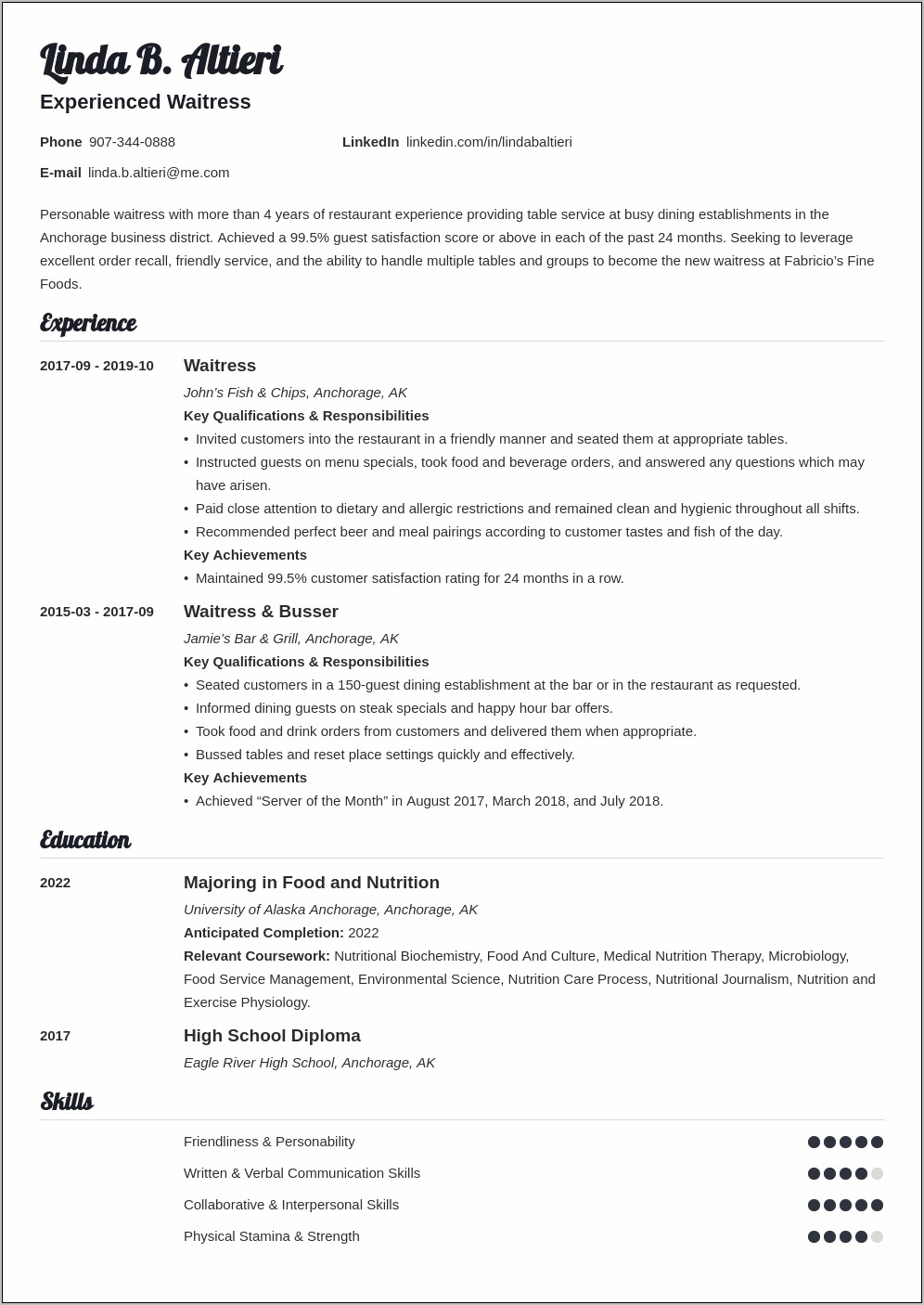 Resume Objective For Serving Job