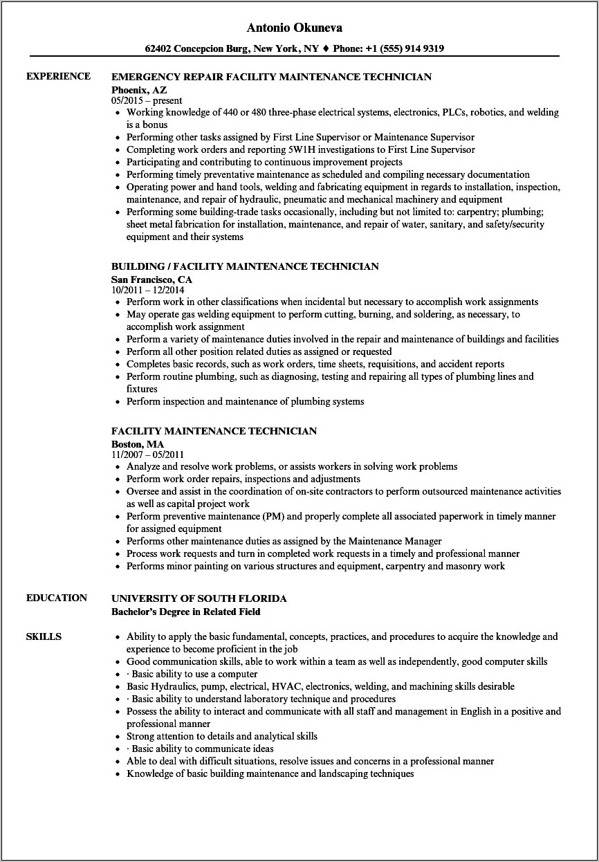 Resume Objective For Sevice Technician