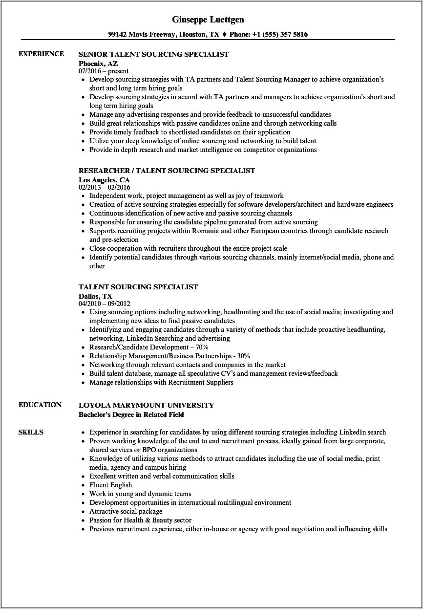 Resume Objective For Sourcing Specialist