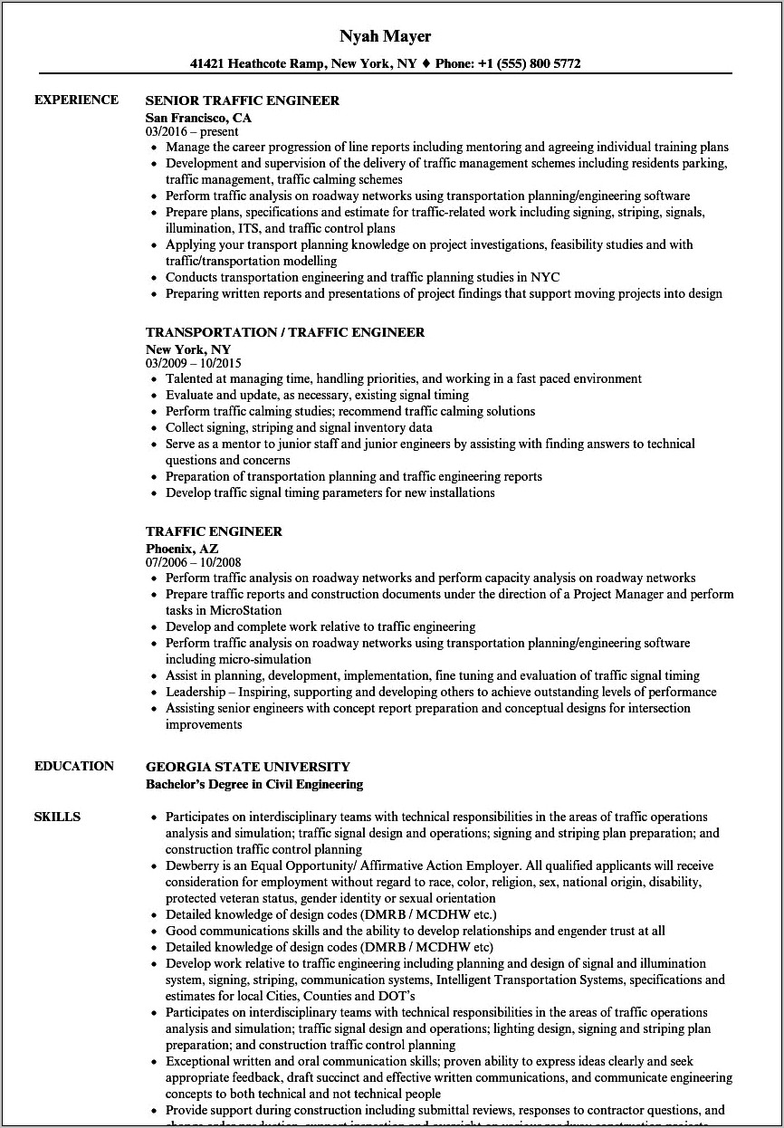 Resume Objective For Transportation Engineer