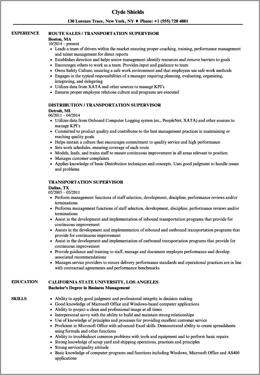 Resume Objective For Transportation Supervisor