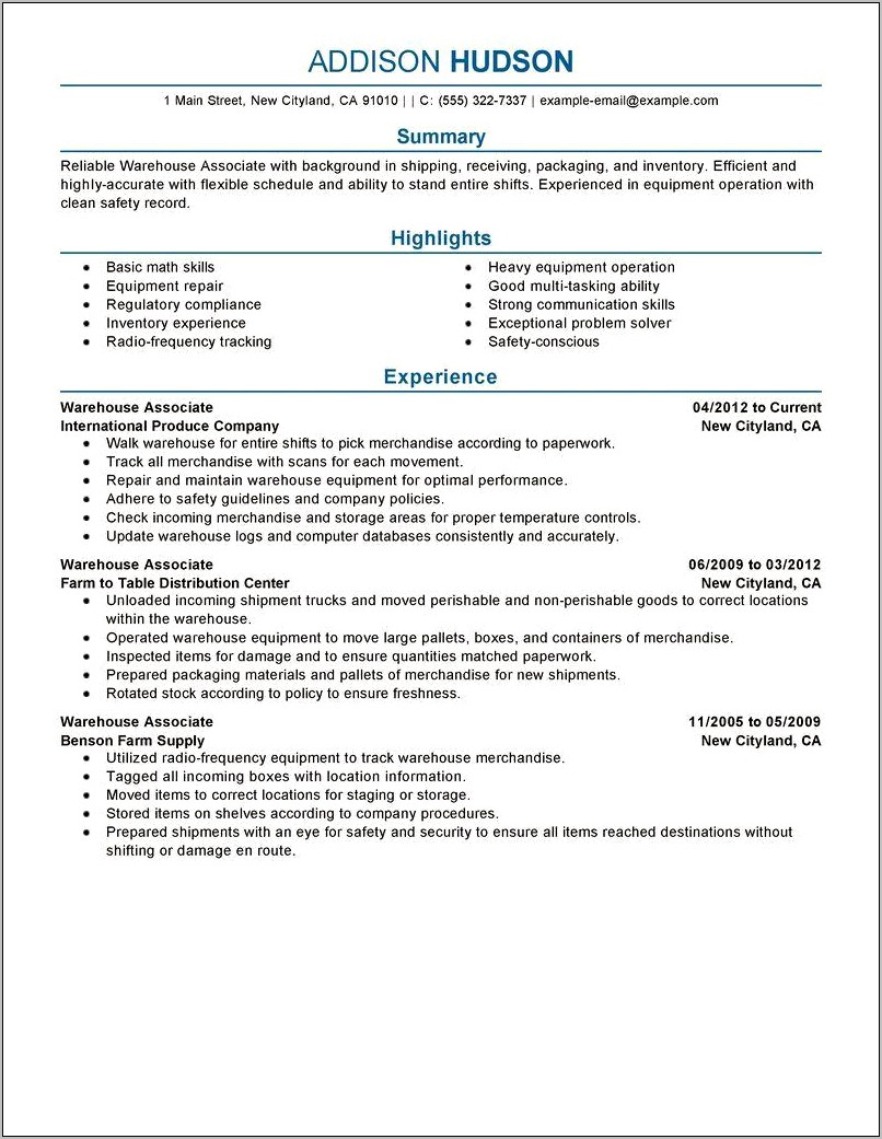 Resume Objective For Warehouse Clerk