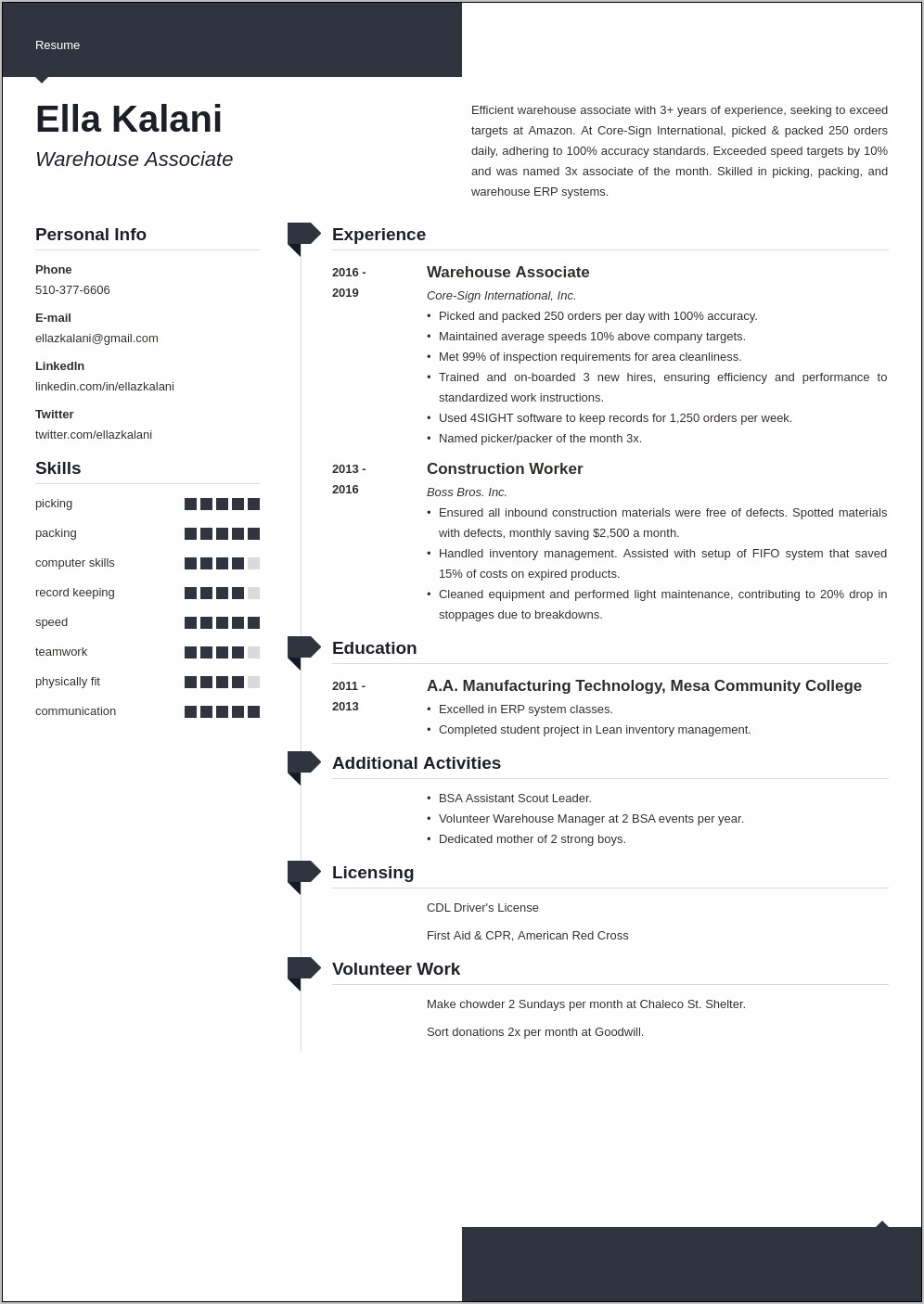 Resume Objective For Warehouse Employment