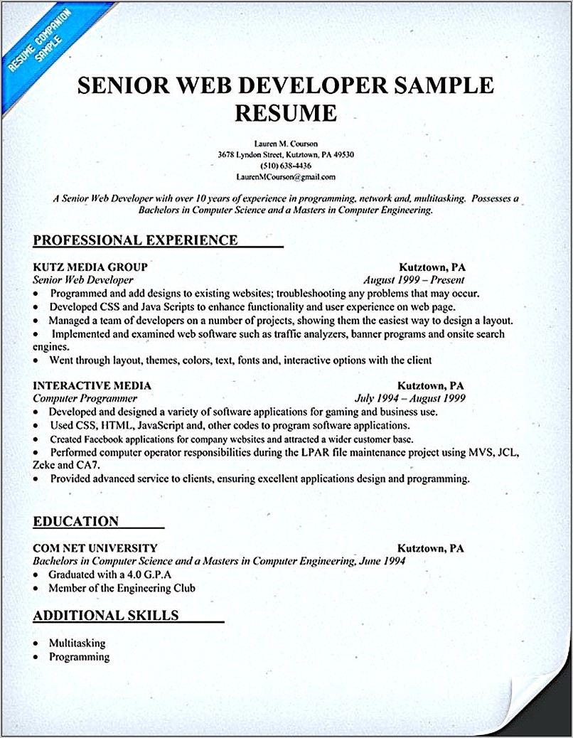 Resume Objective For Web Designer