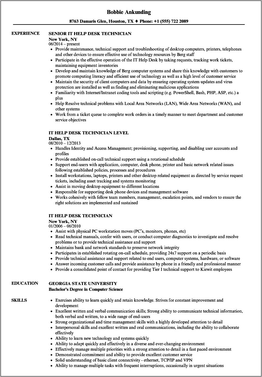 Resume Objective It Help Desk