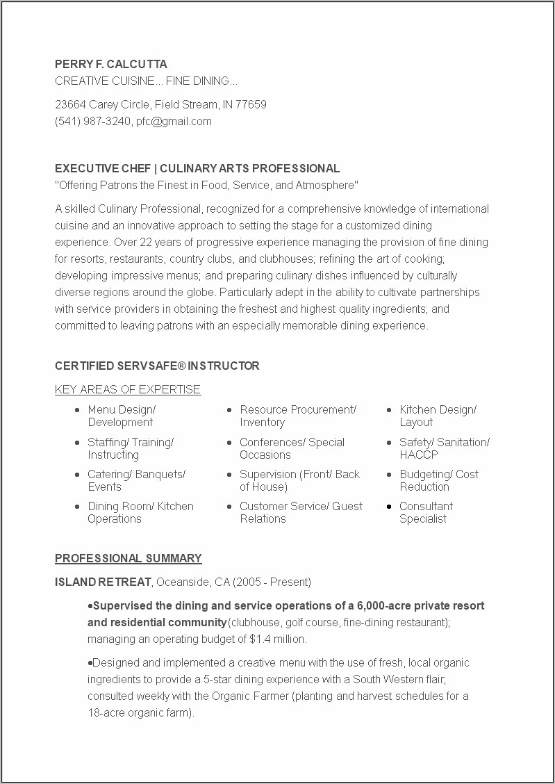 Resume Objective Private Chef Example