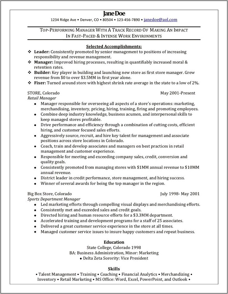 Resume Objective Retail Assistant Manager