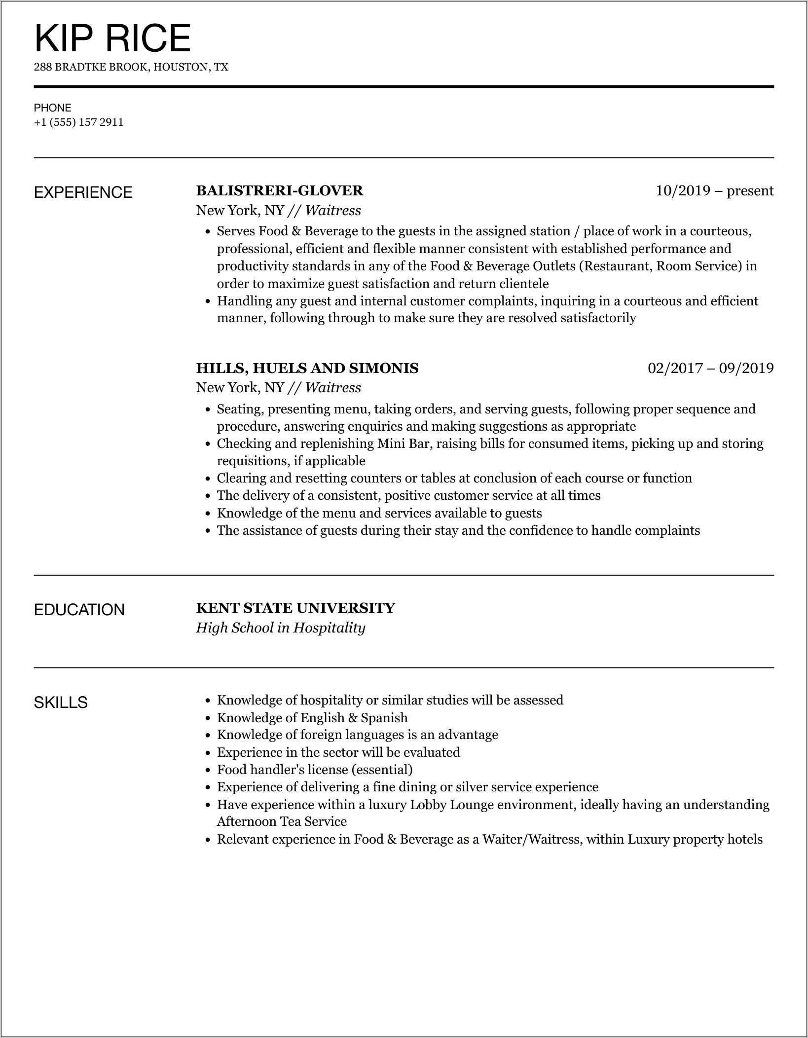 Resume Objective Sample For Waiter