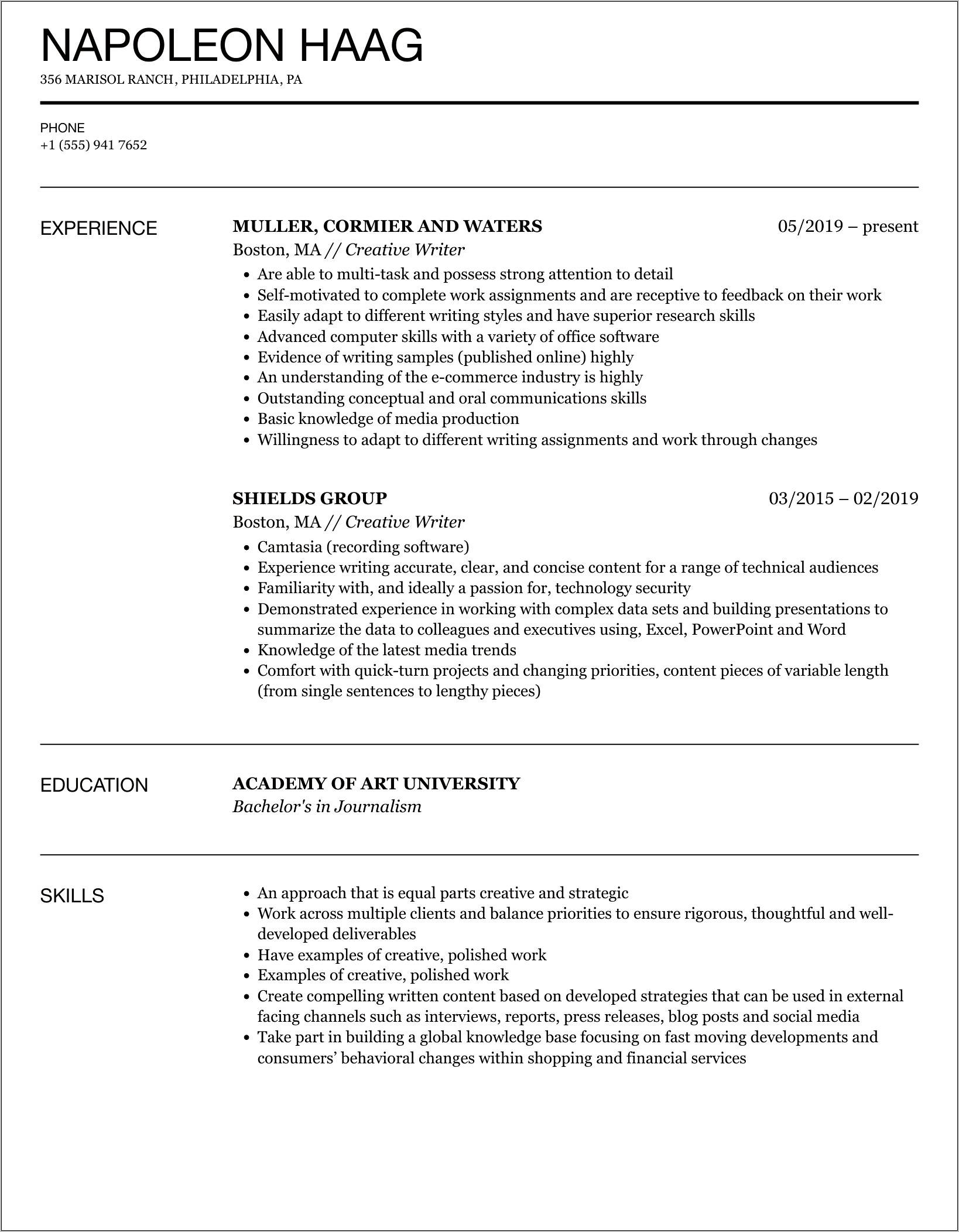 Resume Objective Sample For Writers