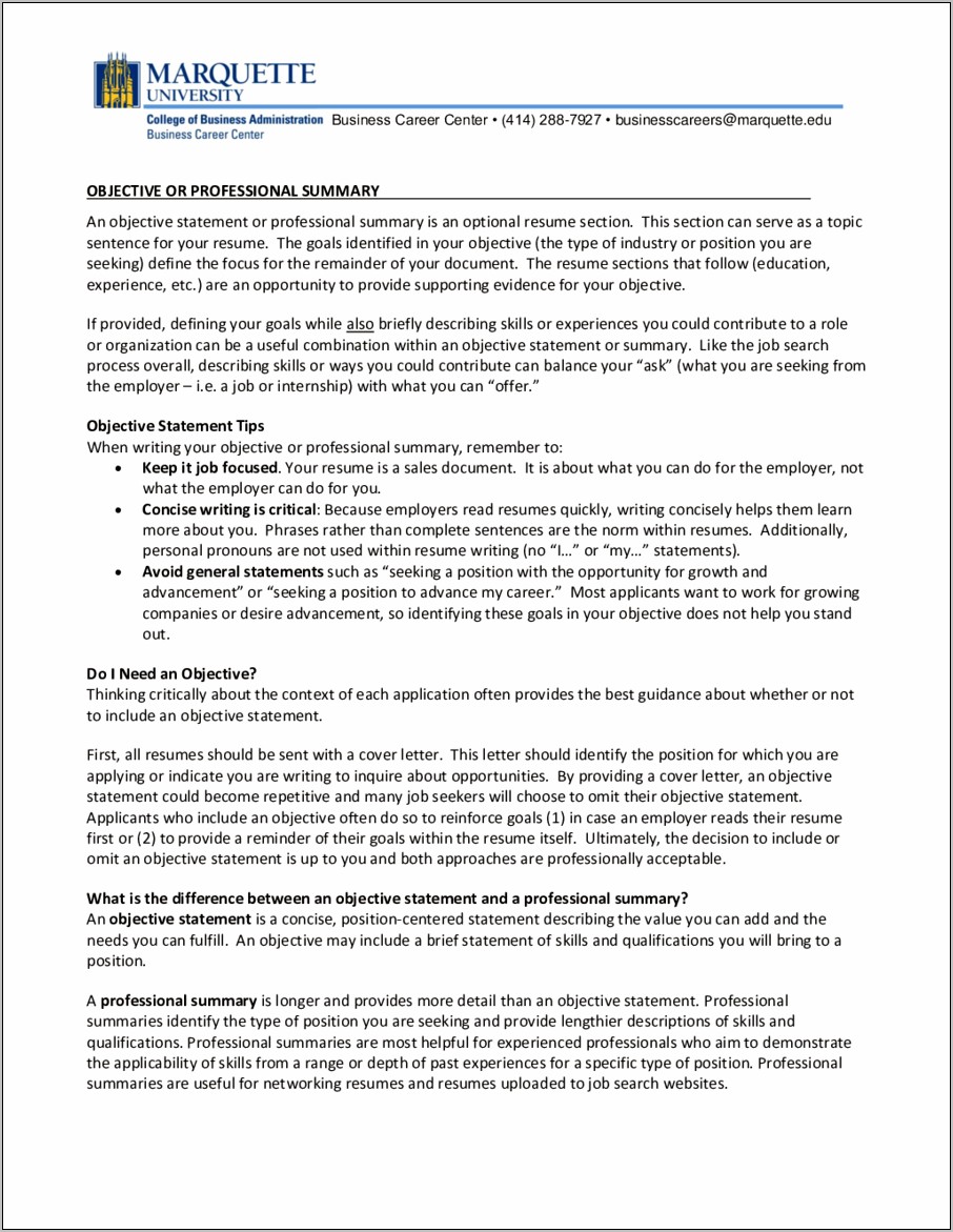 Resume Objective Statement Examples Internship