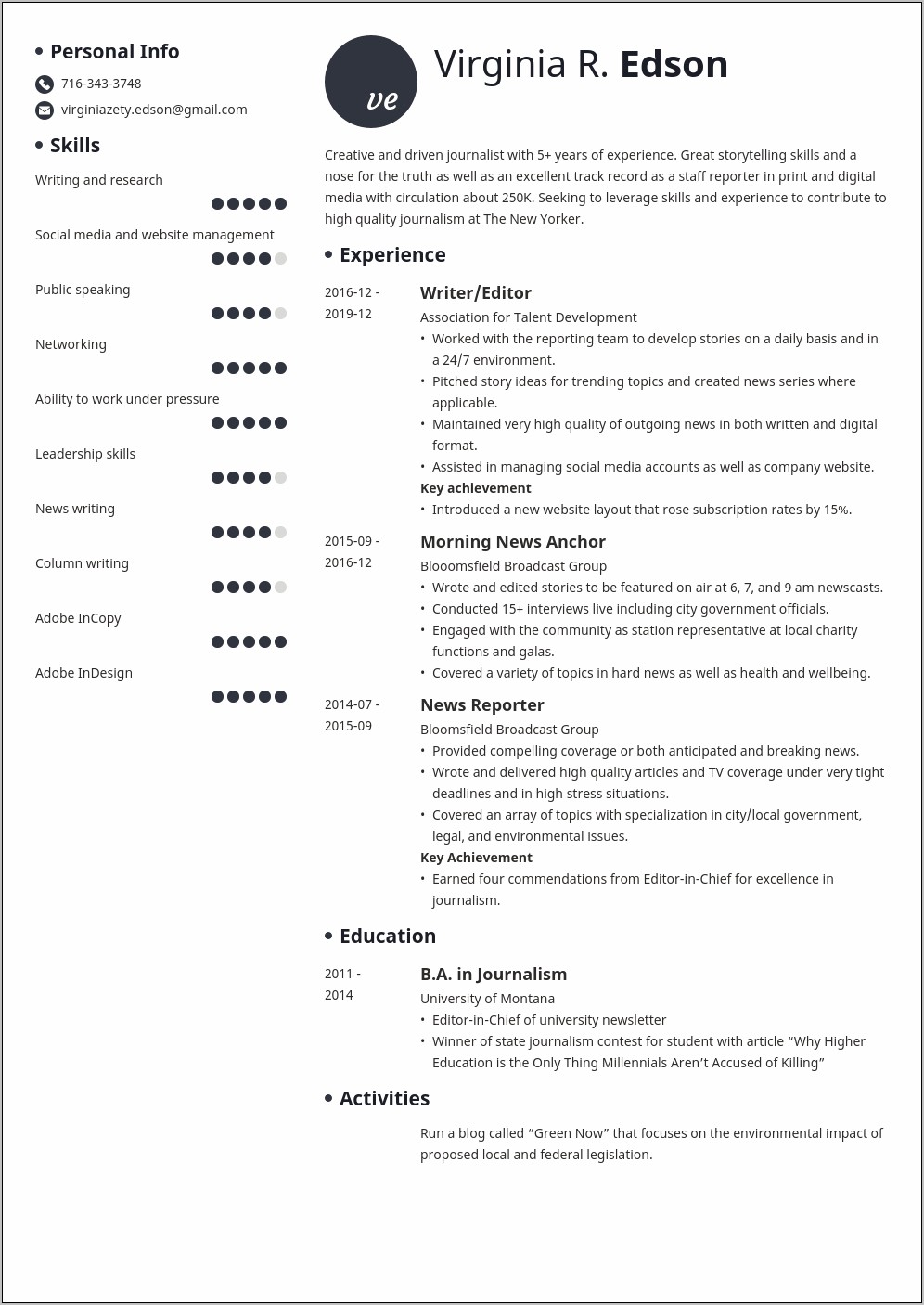 Resume Objective Statement For Journalism