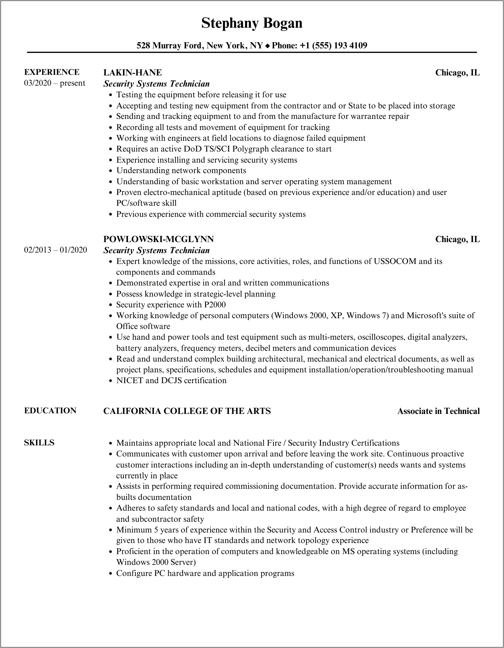 Resume Objective Statement Security Technician