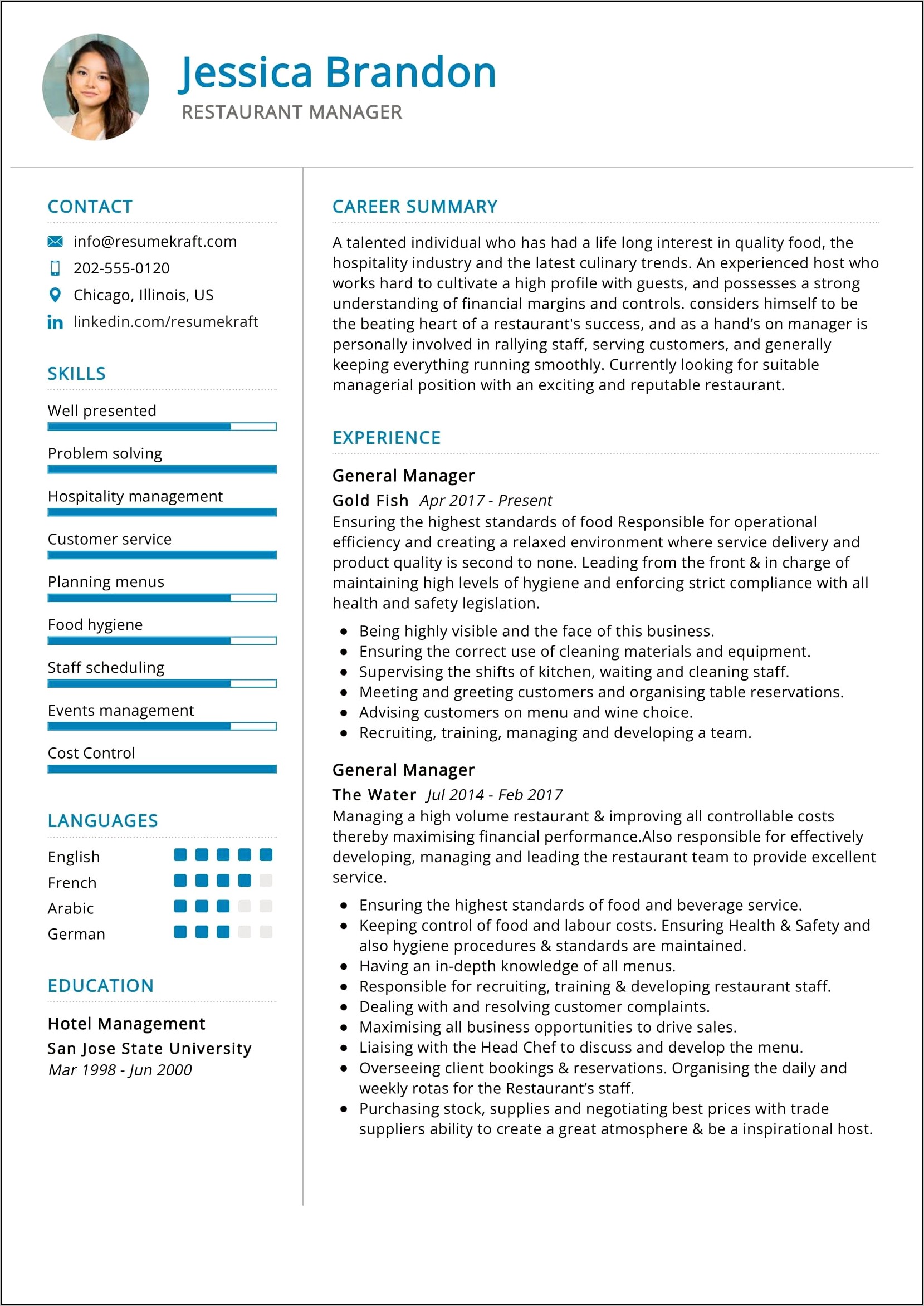 Resume Objective Statements Restaurant Management