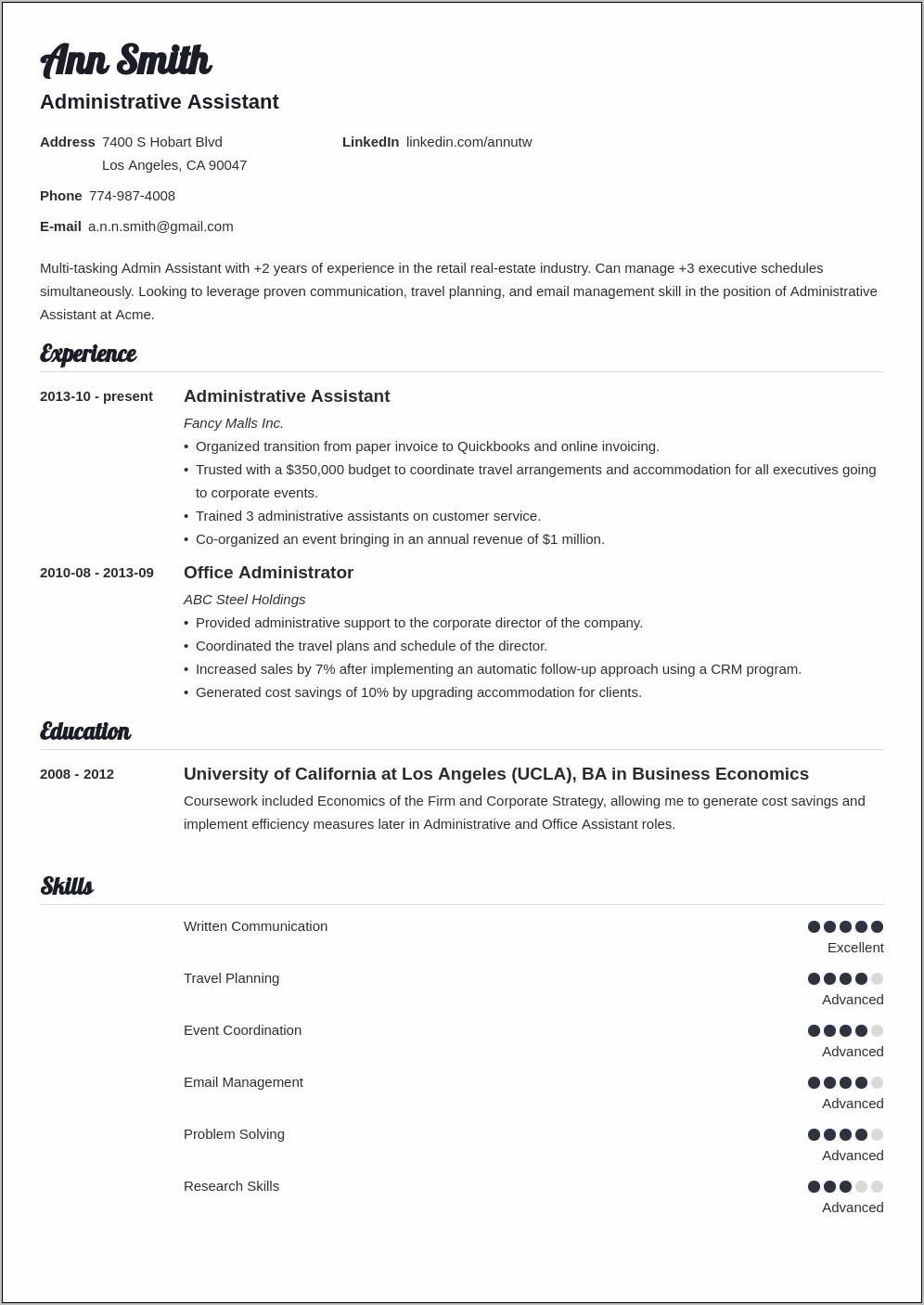 Resume Objectives For Administrative Professionals