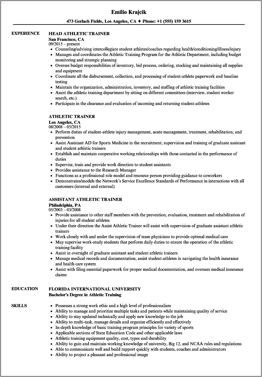 Resume Objectives For Athletic Trainers