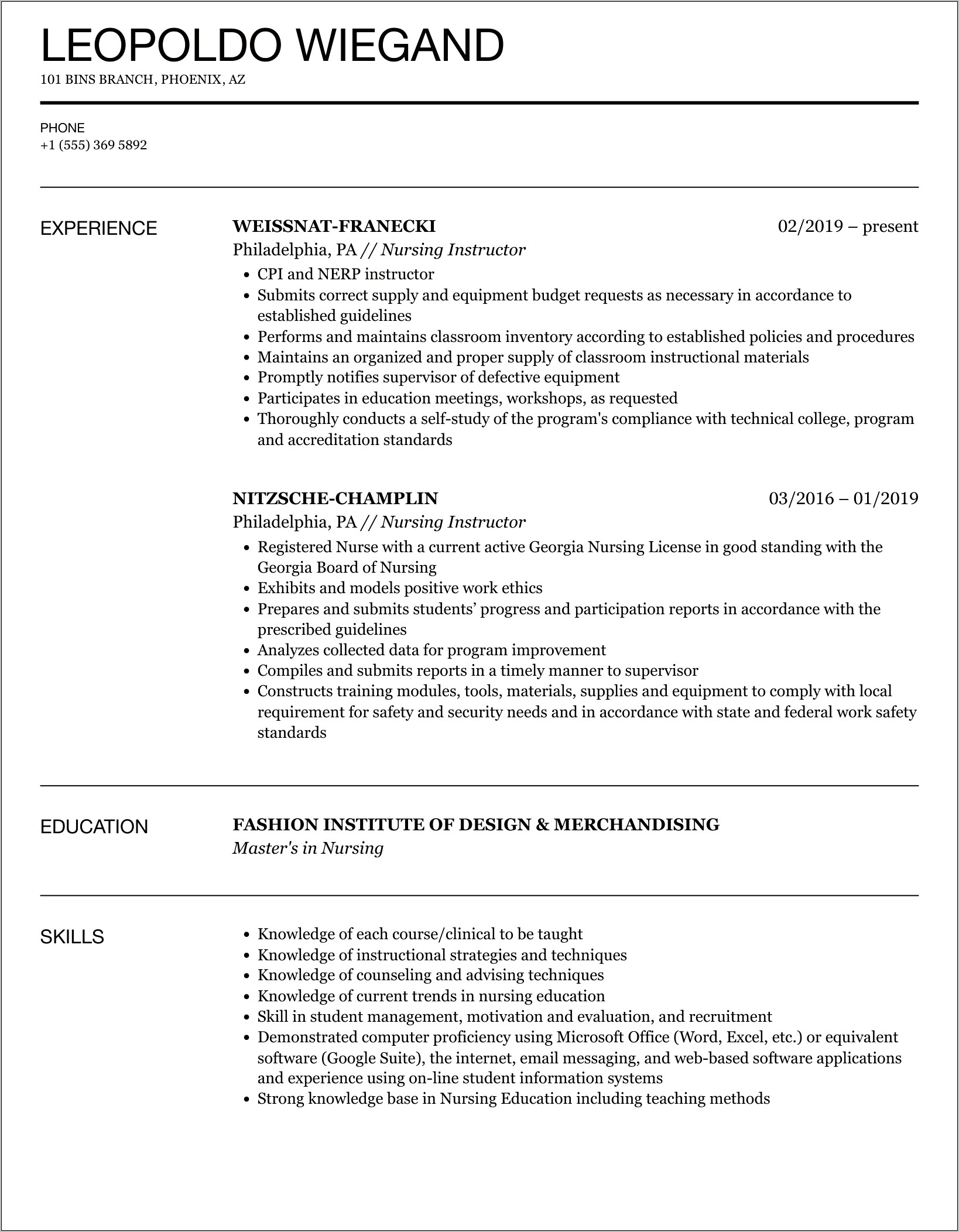 Resume Objectives For Nursing Instructor