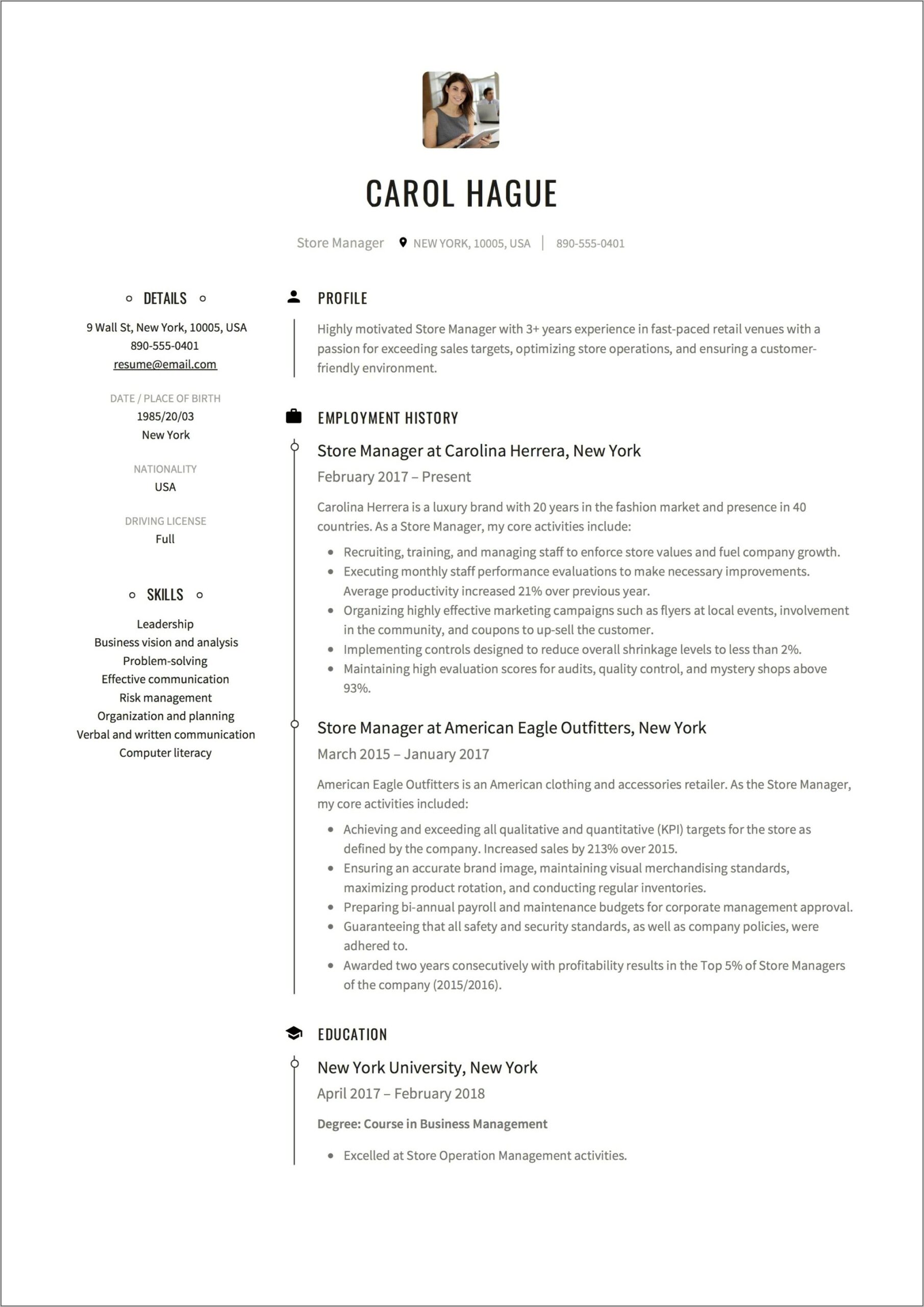 Resume Objectives For Retail Managers