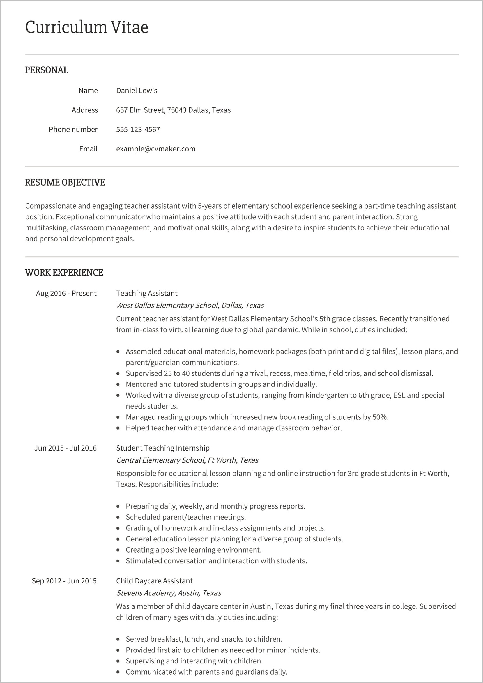 Resume Objectives For Teachers Aide
