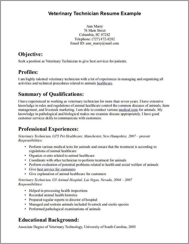 Resume Objectives For Veterinary Assistant