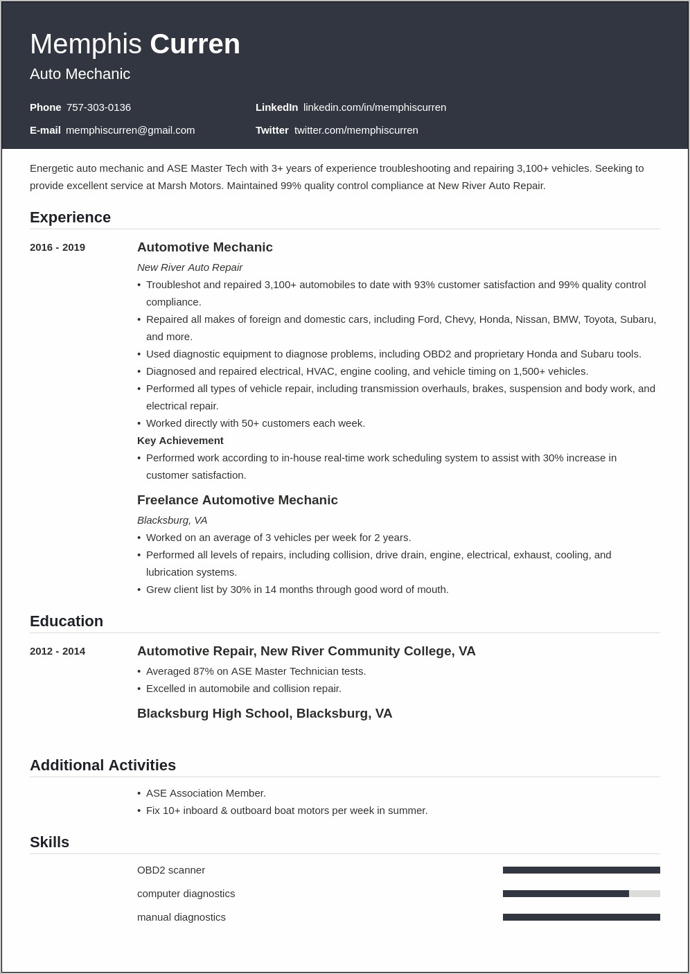 Resume Objectives Of Mechanic Assistant