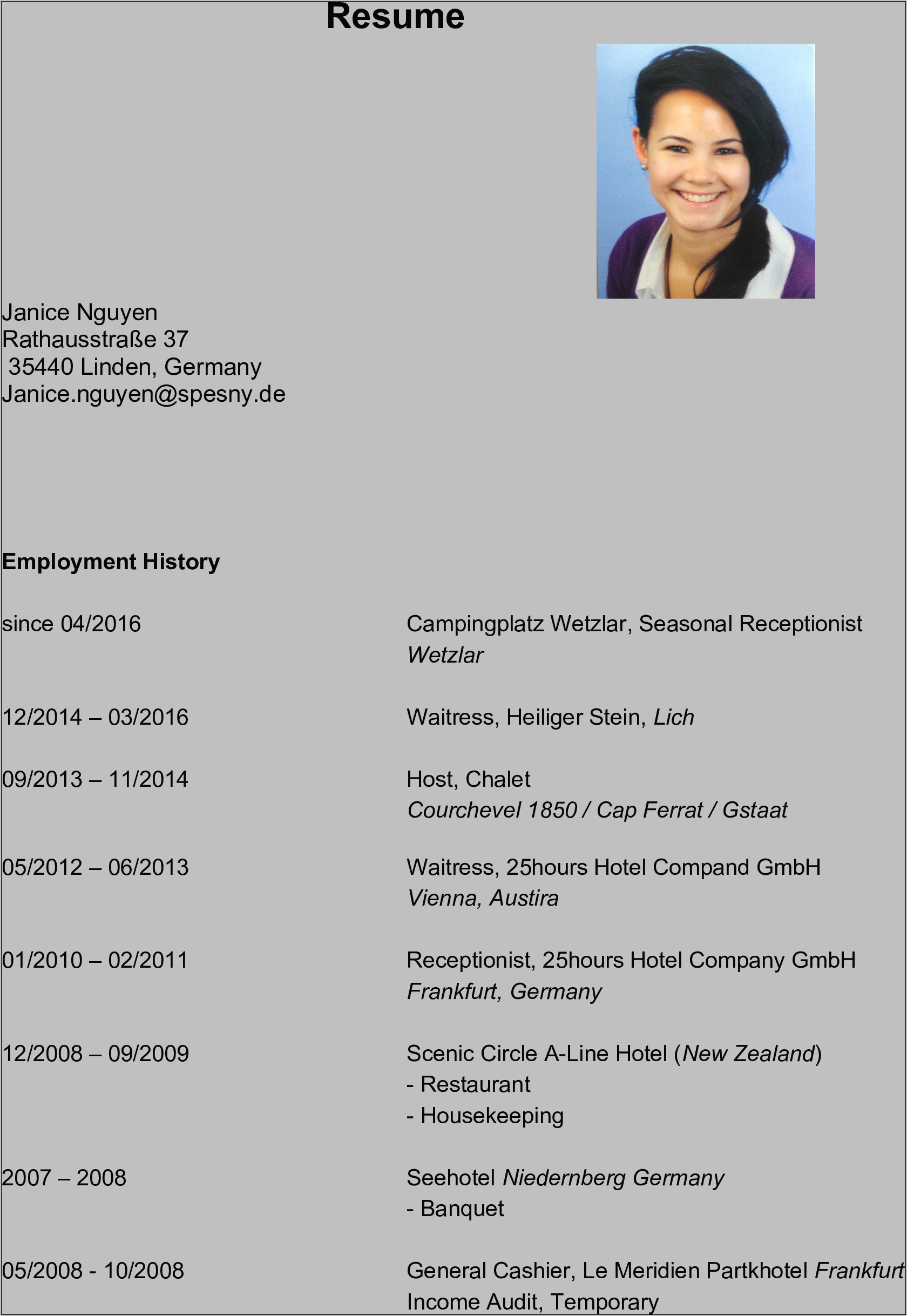 Resume Of A Receptionist Sample