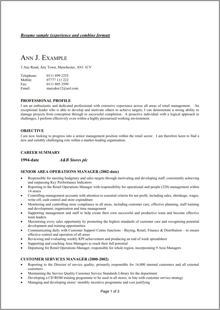 Resume Of Retail Operation Manager