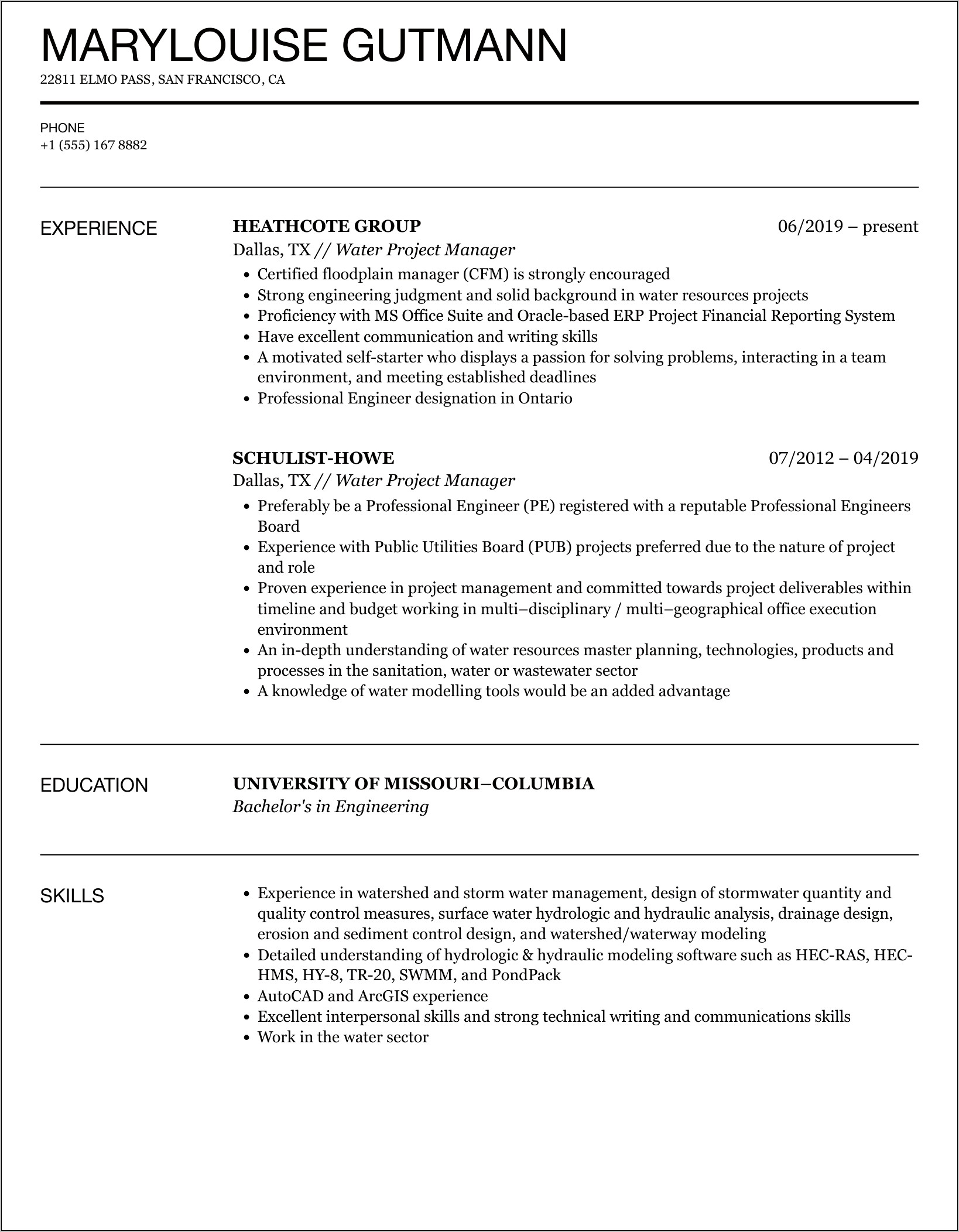 Resume Operations Manager Water Industry