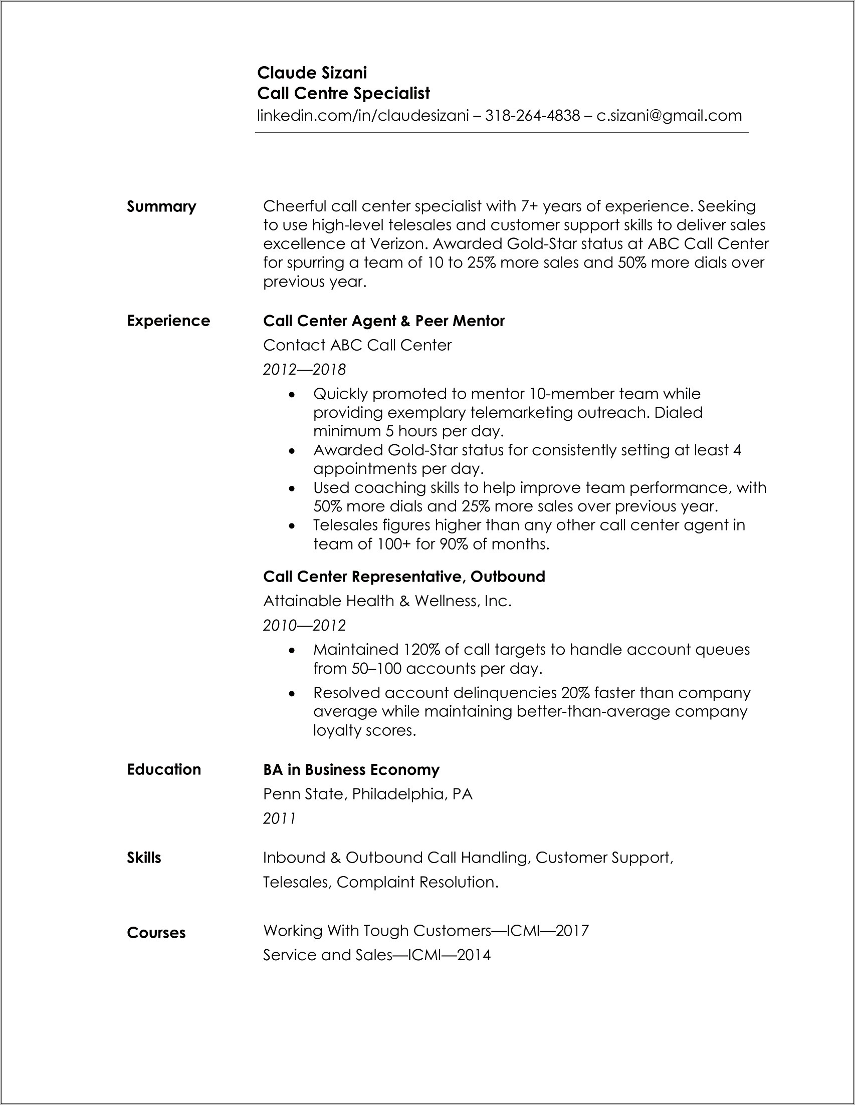 Resume Outline Example With Picture