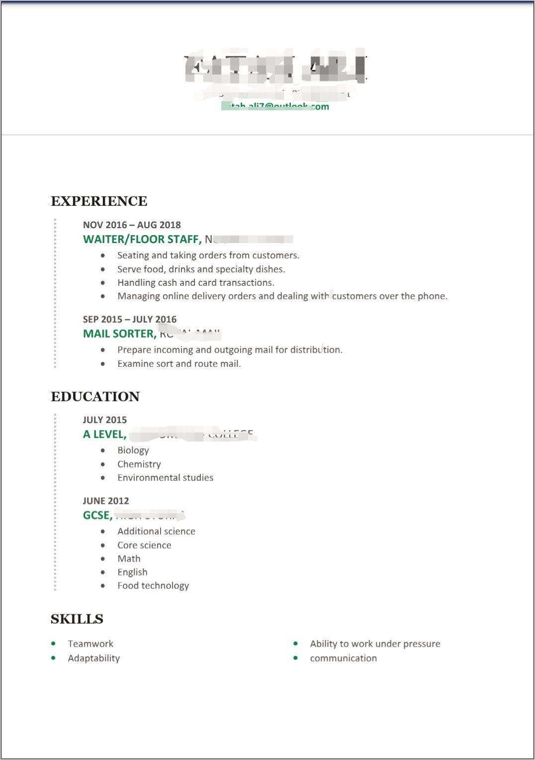 Resume Part Time Experience Example