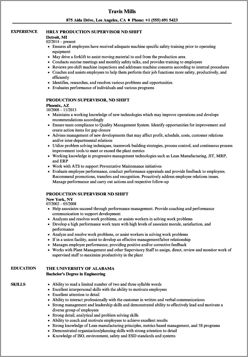 Resume Profile Examples Factory Supervisor