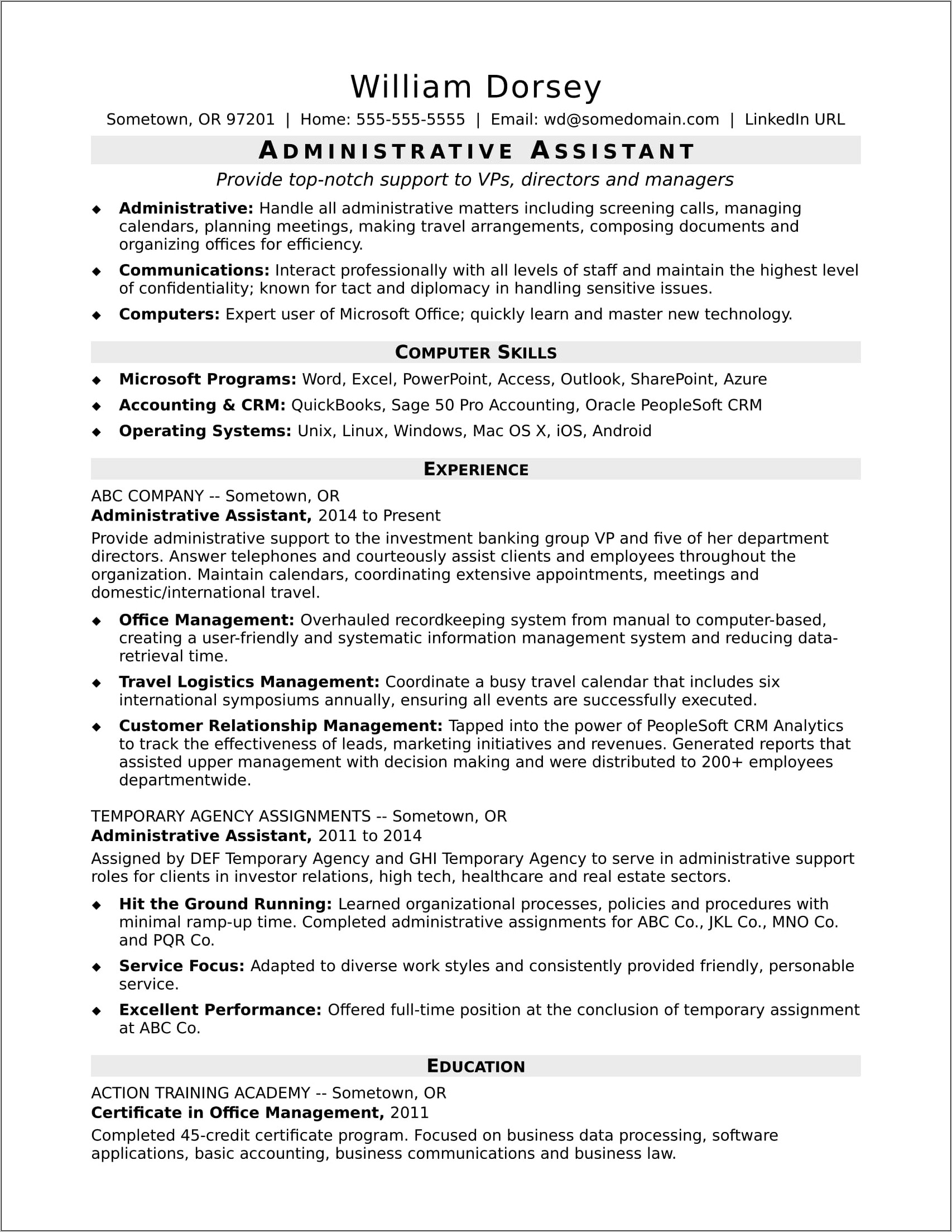 Resume Profile Examples For Office