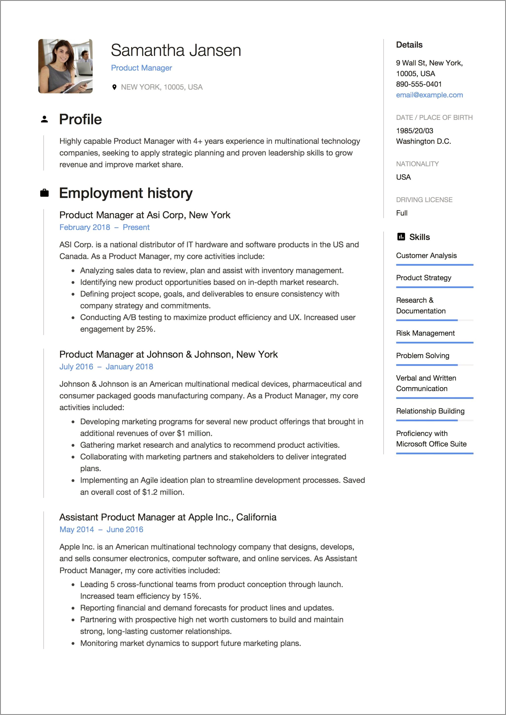 Resume Profile For Product Manager