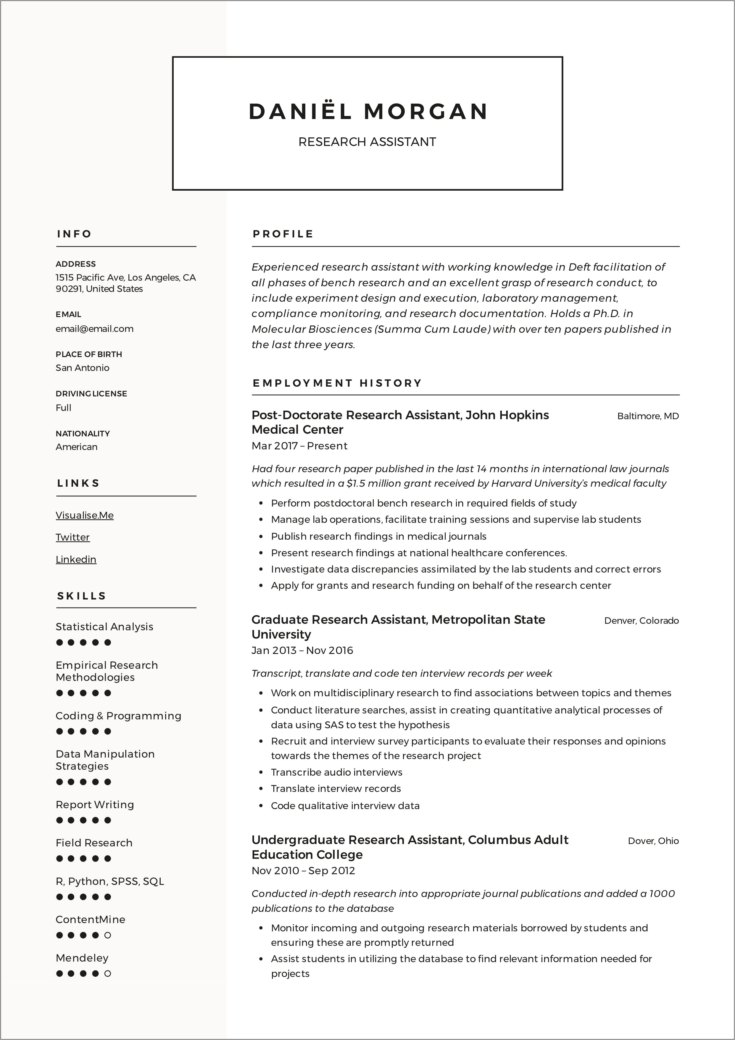 Resume Research Assistant Accomplishments Examples