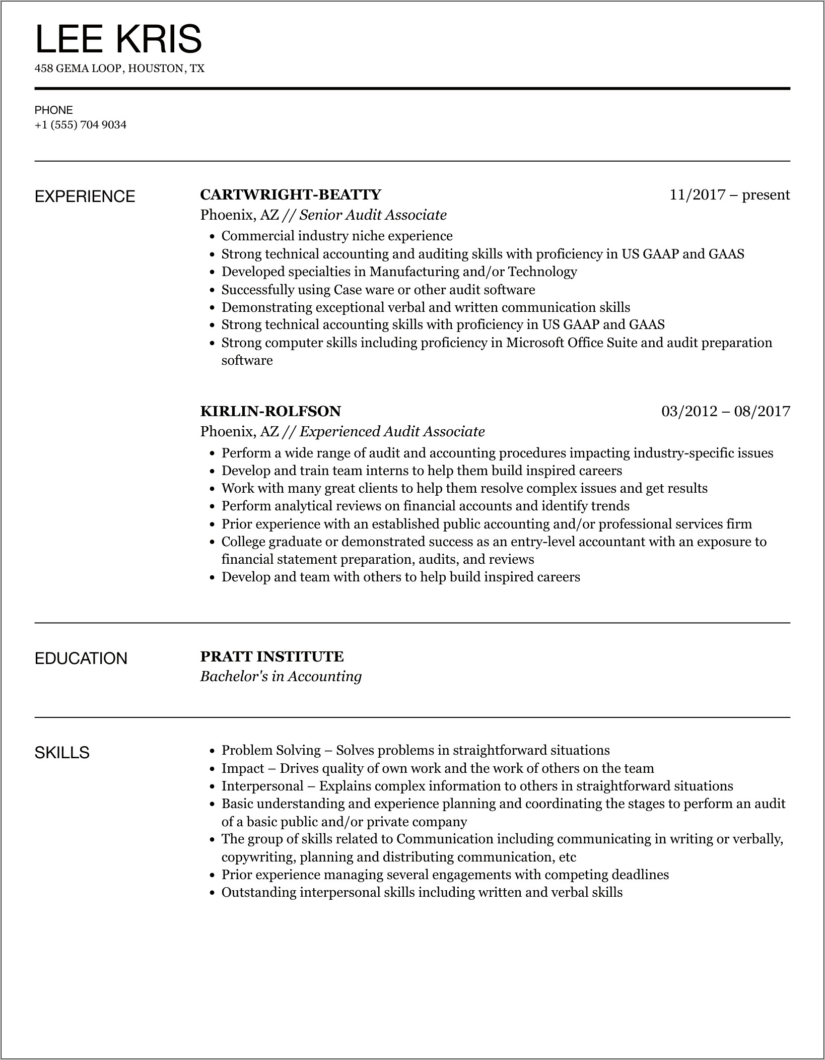 Resume Sample Applying To Big4