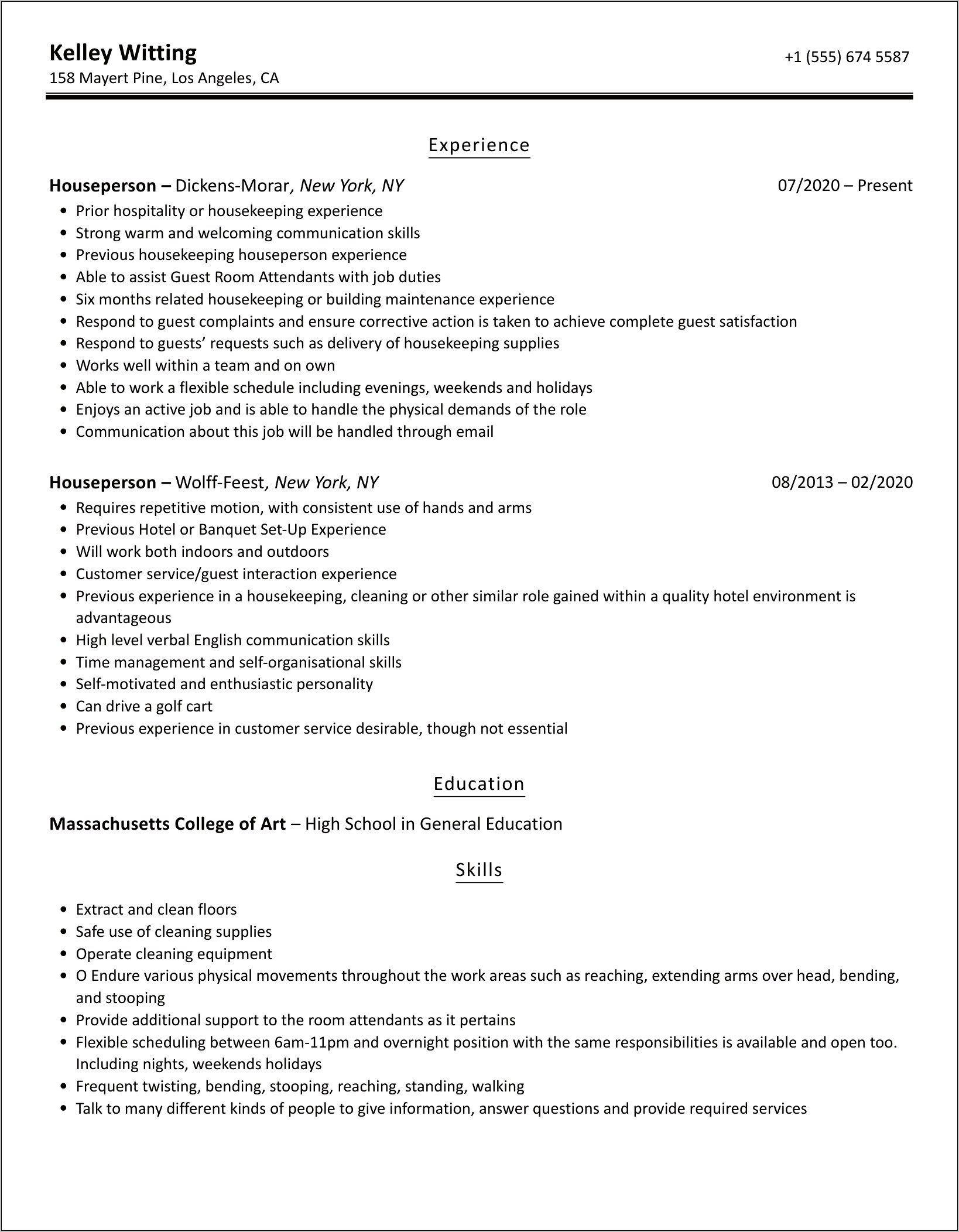 Resume Sample Description Pm Houseman