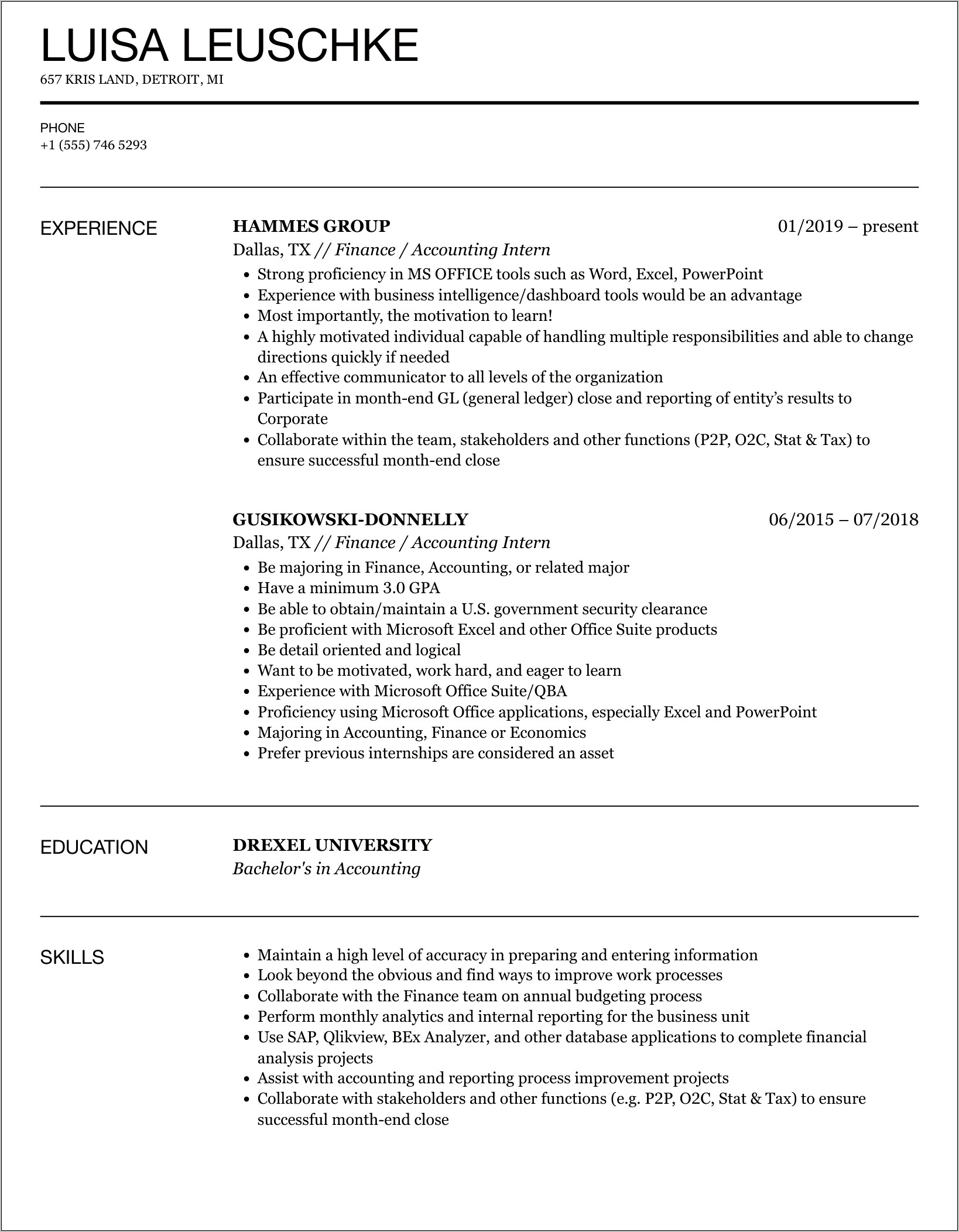 Resume Sample For Accounting Intern