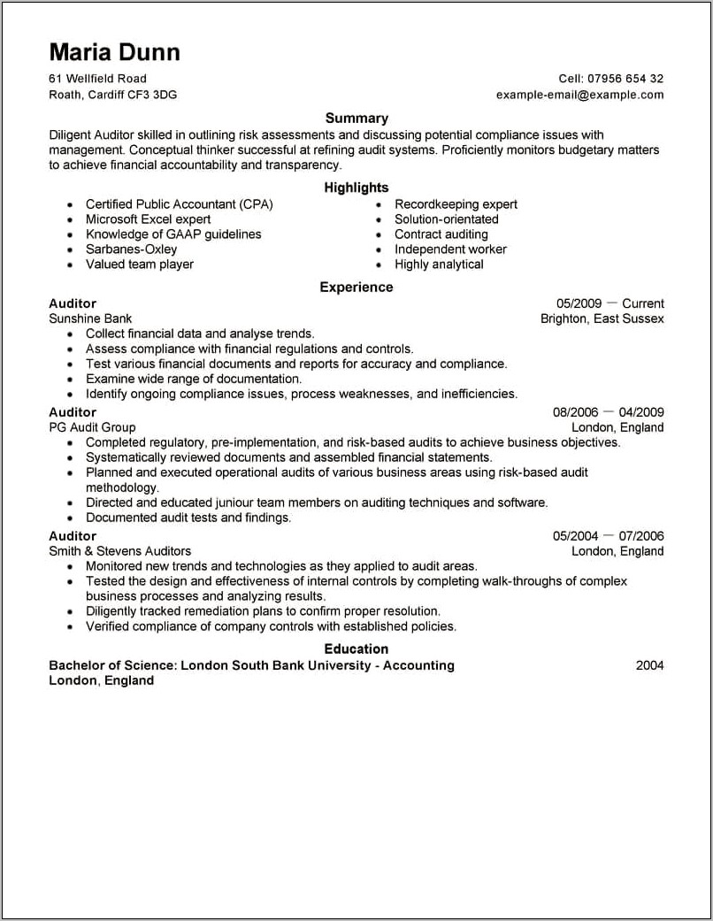 Resume Sample For Audit Staff