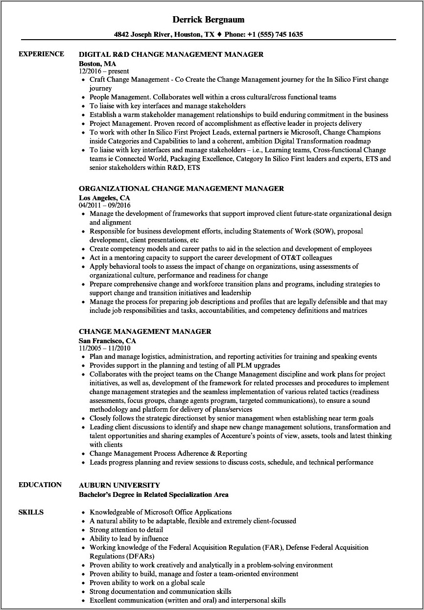 Resume Sample For Change Management