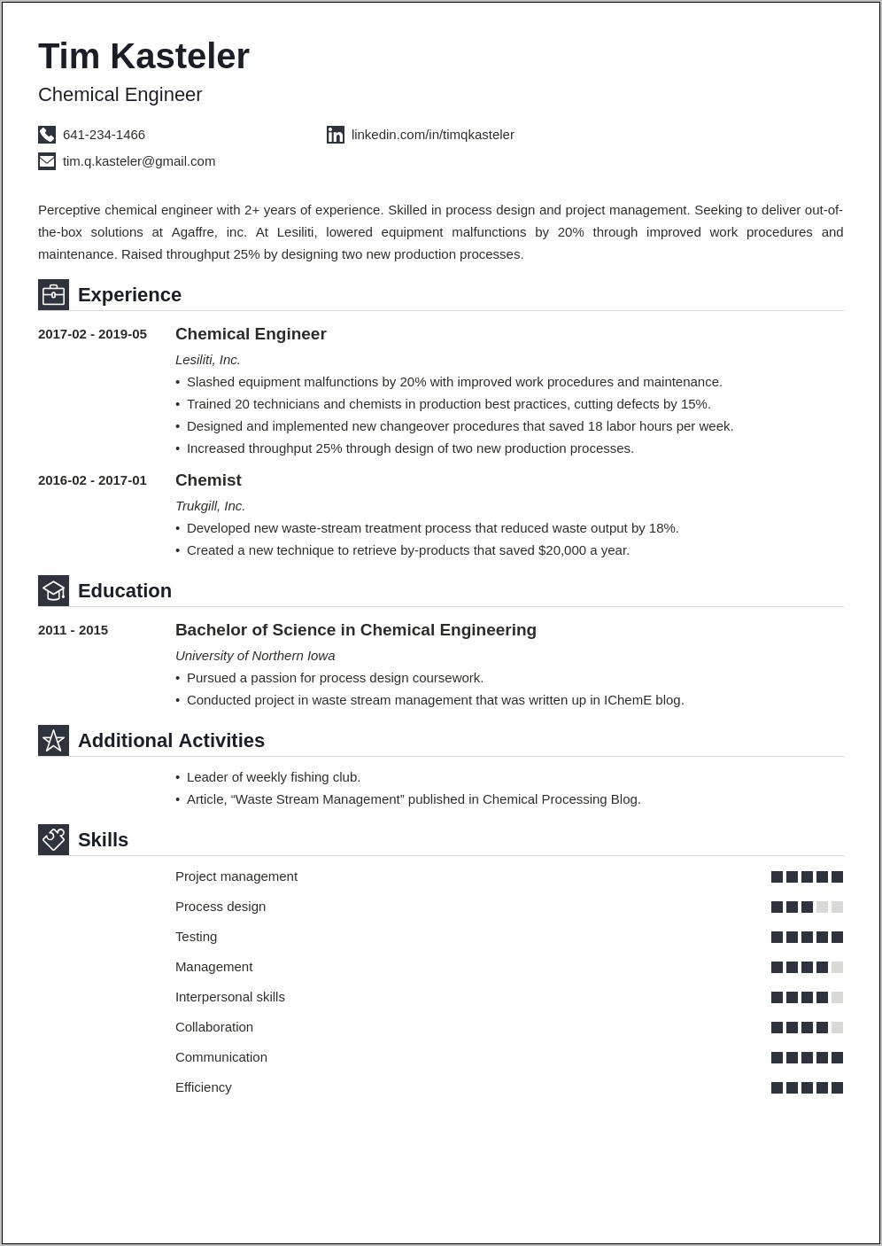 Resume Sample For Chemical Engineer