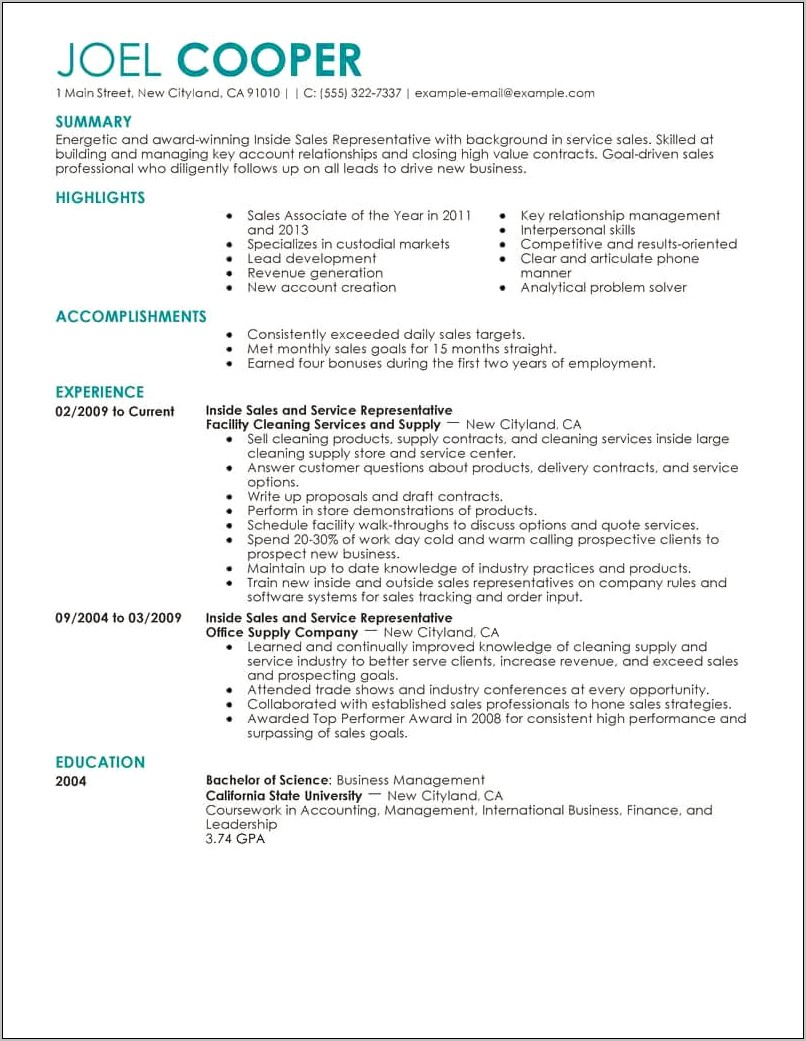 Resume Sample For Inside Saes