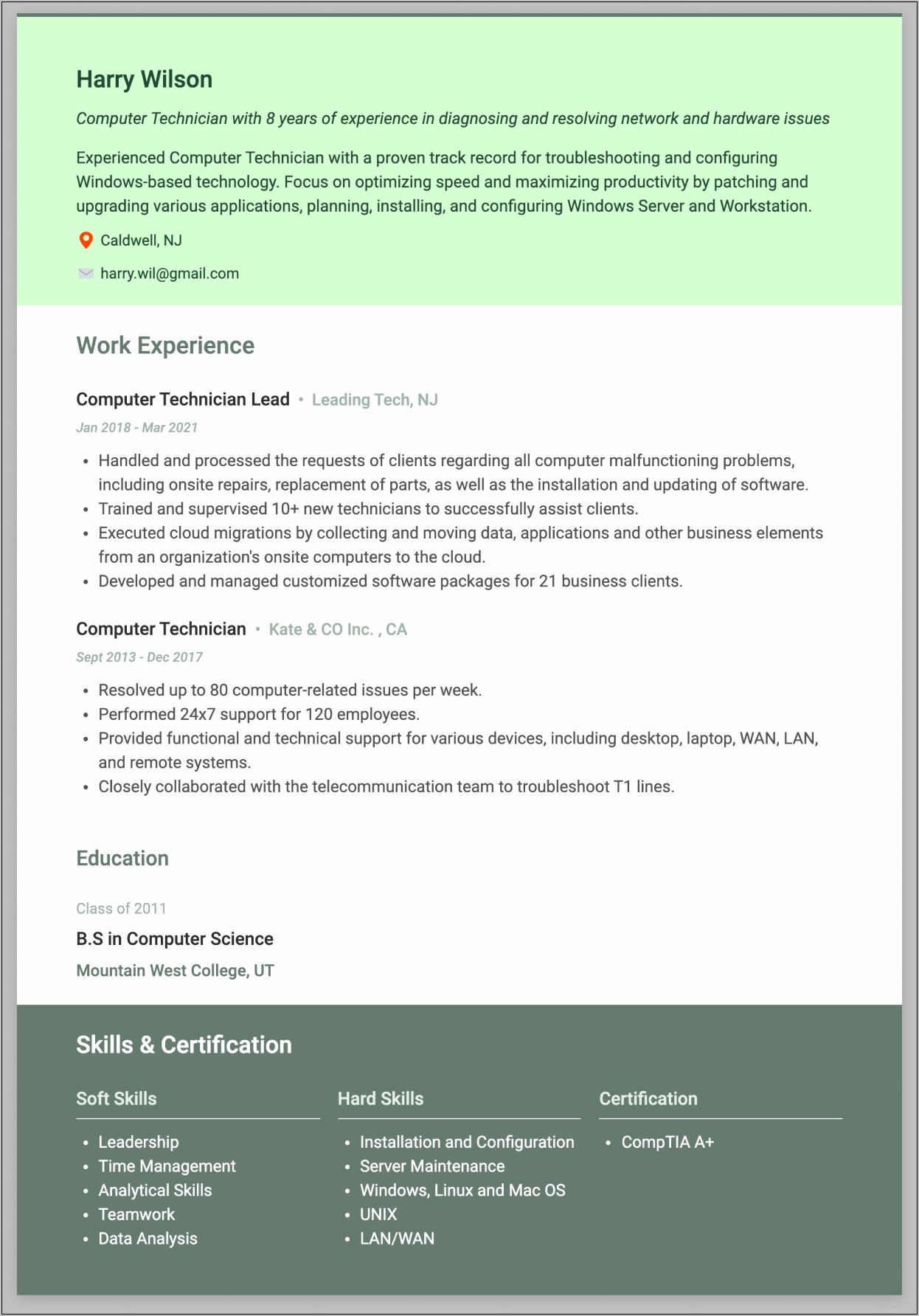 Resume Sample For It Technician